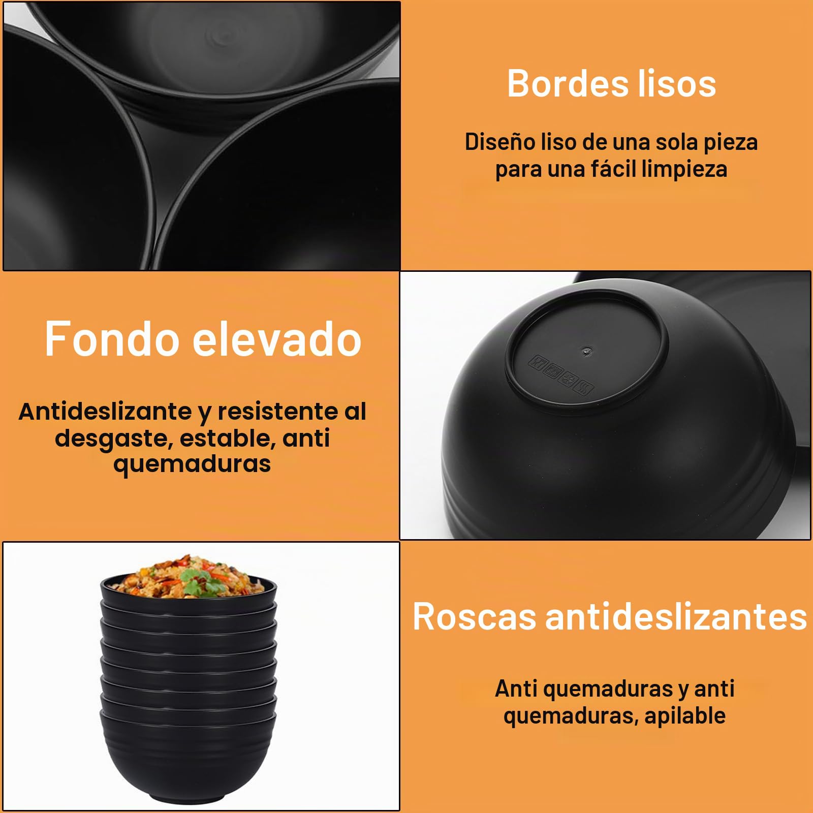 6 piezas Cuencos de Plástico Negro, 750 ml Bol Desayuno Plastico, Cuenco de Ramen Reutilizable, Cuenco Cereales, Cuencos de Sopa, para Hogares, Restaurantes, Jardines y Picnics, Negro