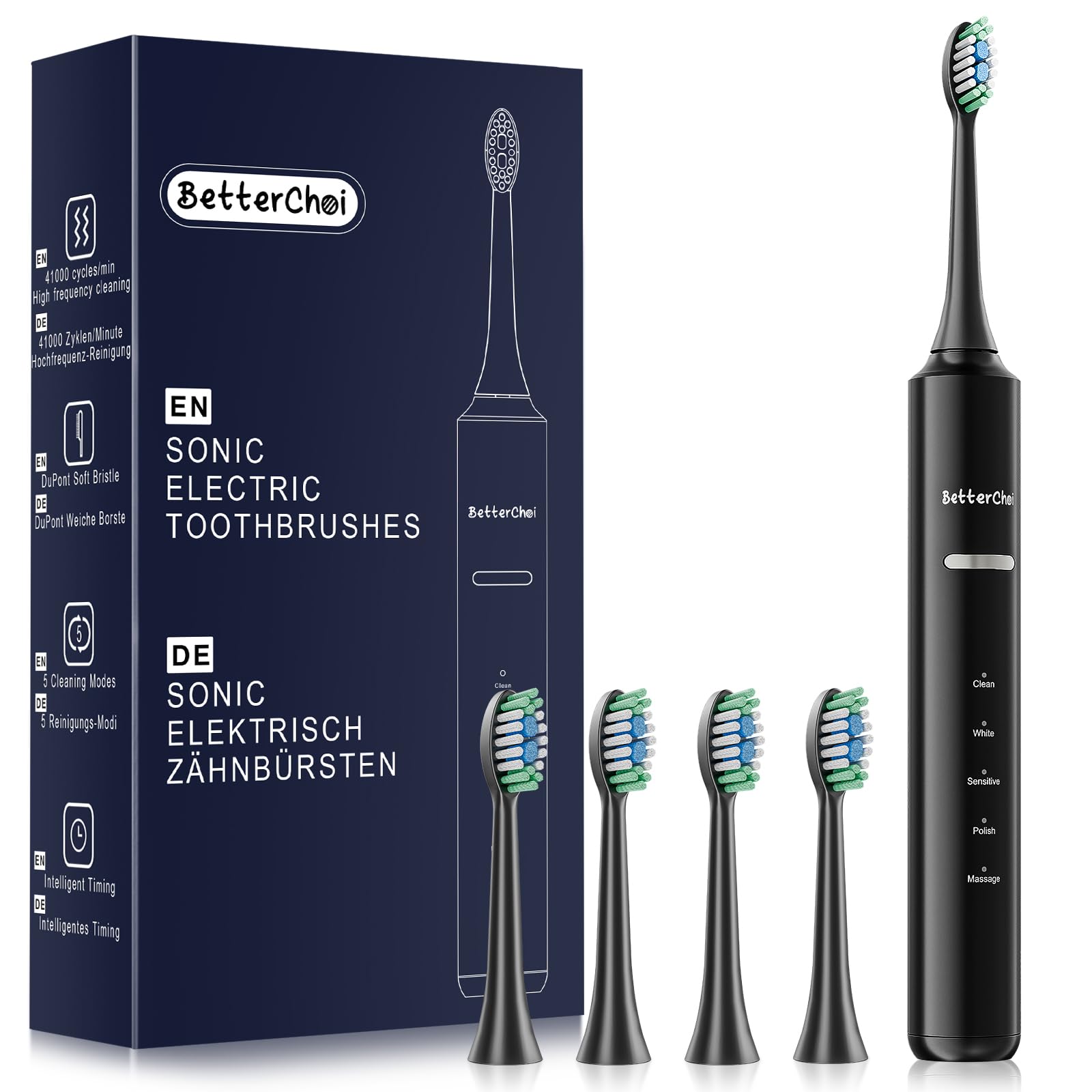 Betterchoi Escova de dentes elétrica Sonic – Motor Maglev de 41.000 VPM – 4 cabeças de