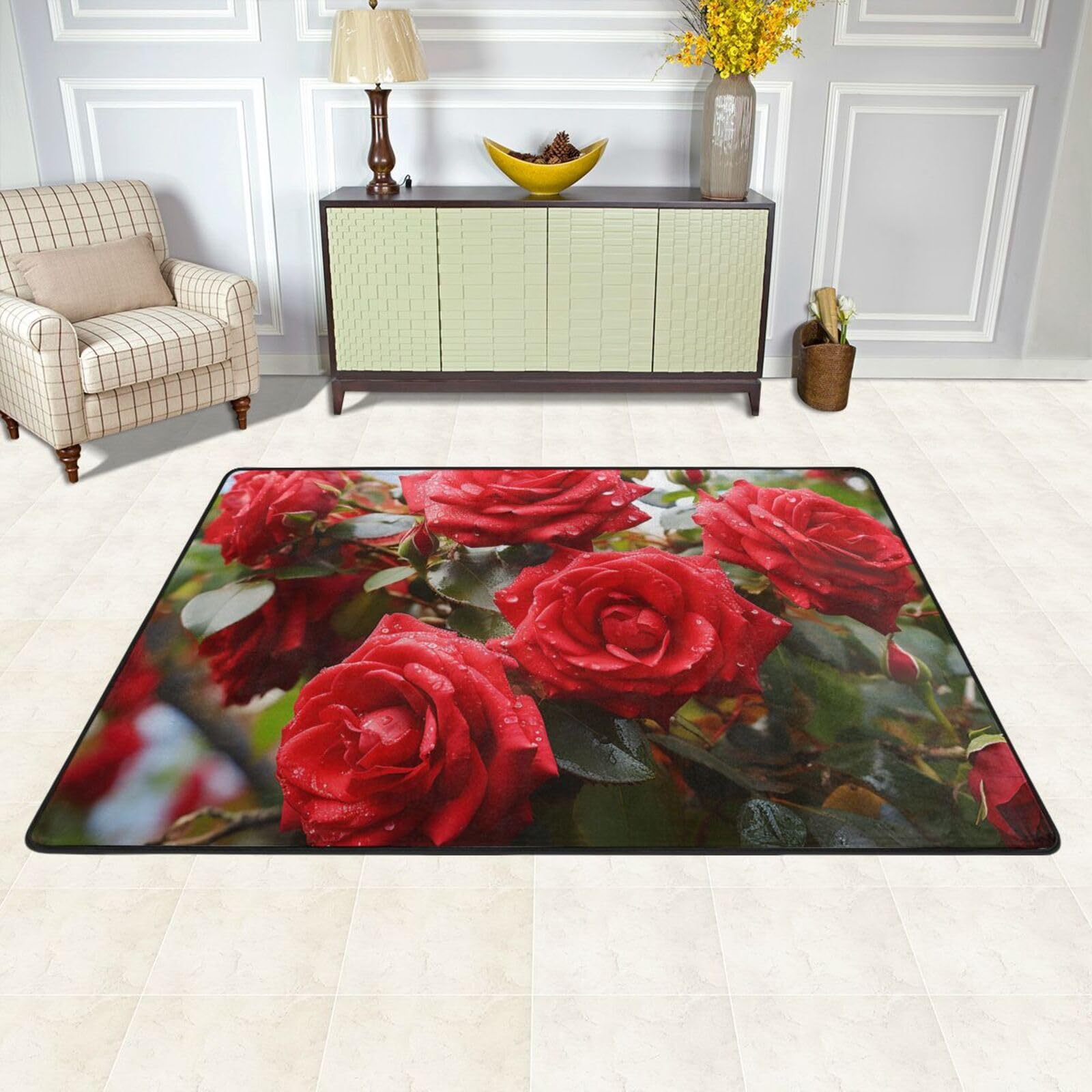 Tapis de sol absorbant et antidérapant lavable motif roses rouges grand format