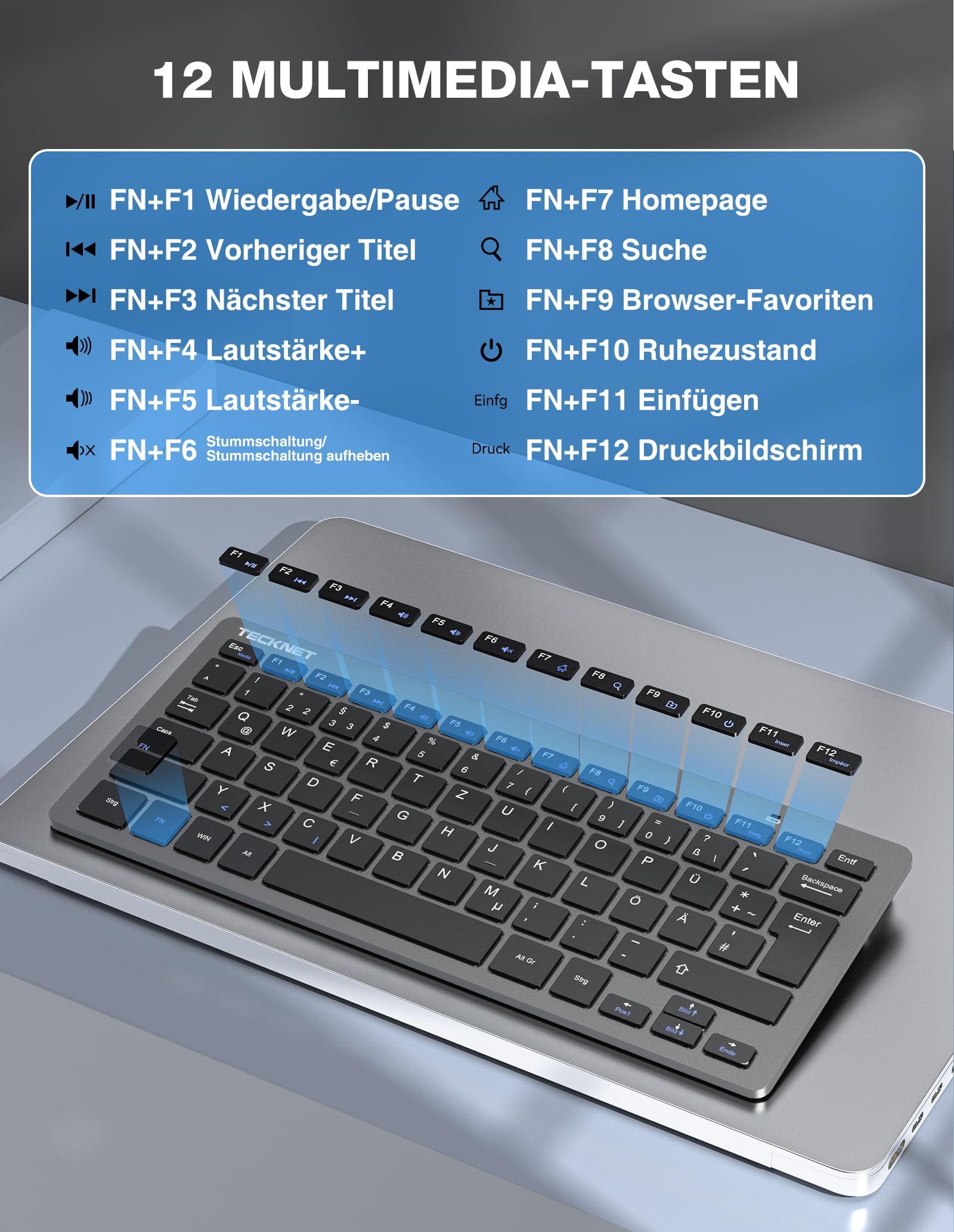 TECKNET Set senza fili, con layout tedesco QWERTZ, 2,4 GHz, mini tastiera radio mouse, connessione 15 m, tastiera wireless silenziosa con mouse per PC, laptop, Smart TV