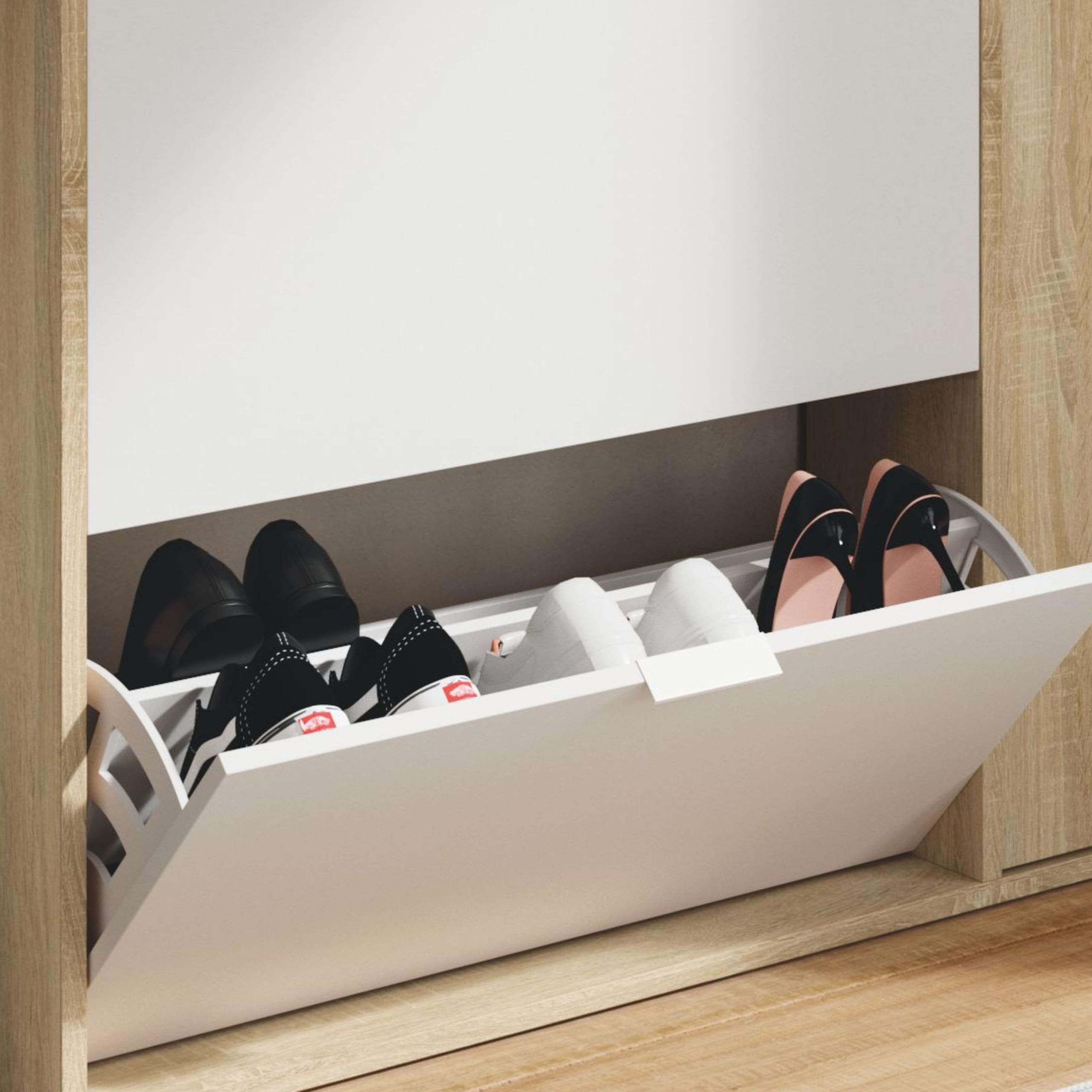 Habitdesign Mueble Zapatero 4 Puertas, Modelo Class, Acabado en Roble Canadian y Blanco Artik, Medidas: 106 cm (Ancho) x 115 cm (Alto) x 22 cm (Fondo)