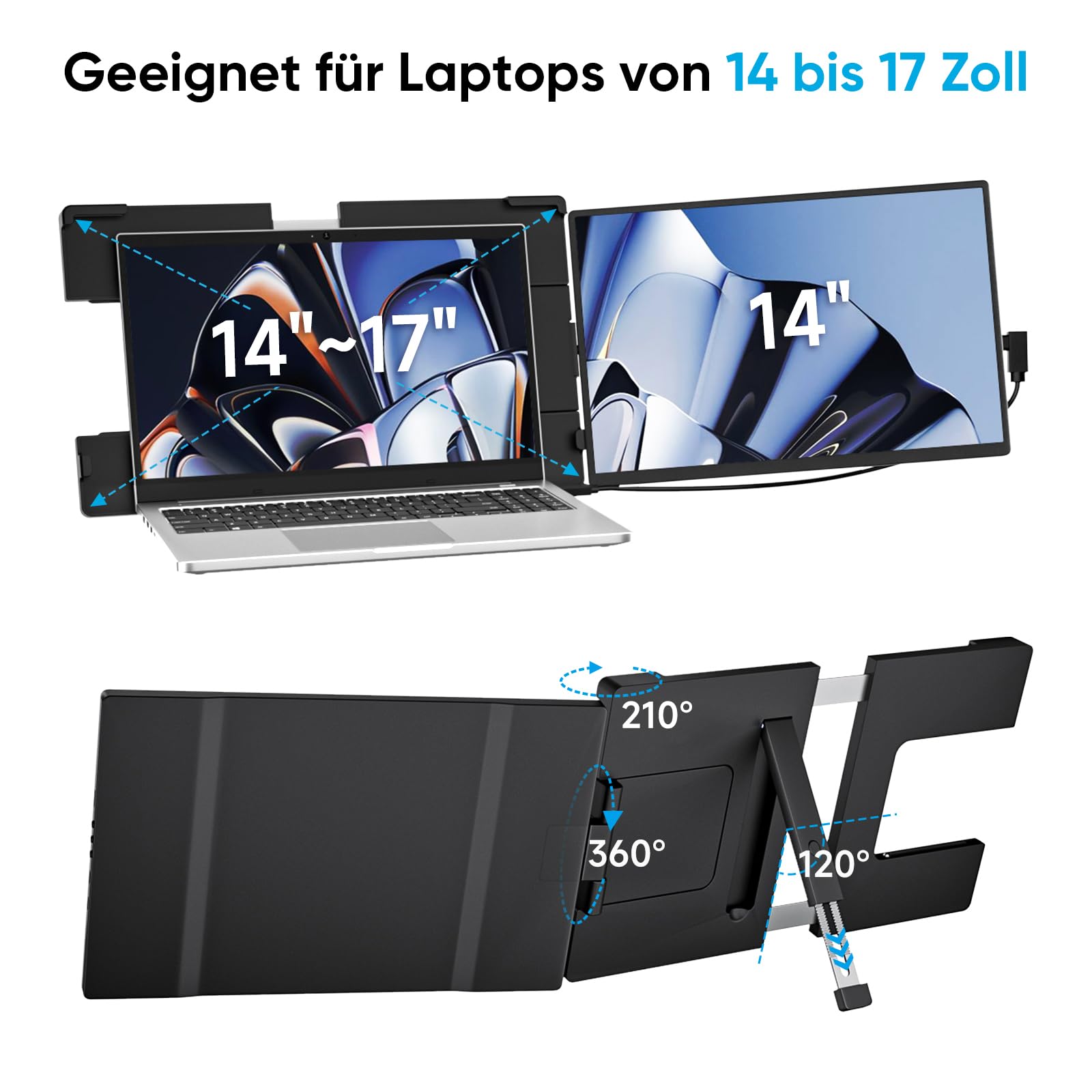 Dopesplay Laptop Monitor Erweiterung, 14 Zoll 1200P FHD Tragbarer Laptop Monitore, Eingebauter Stand Portable Monitor mit USB-C/USB-A/HDMI, Plug & Play, Geeignet für Mac, Wins, Chrome, Android, Dex