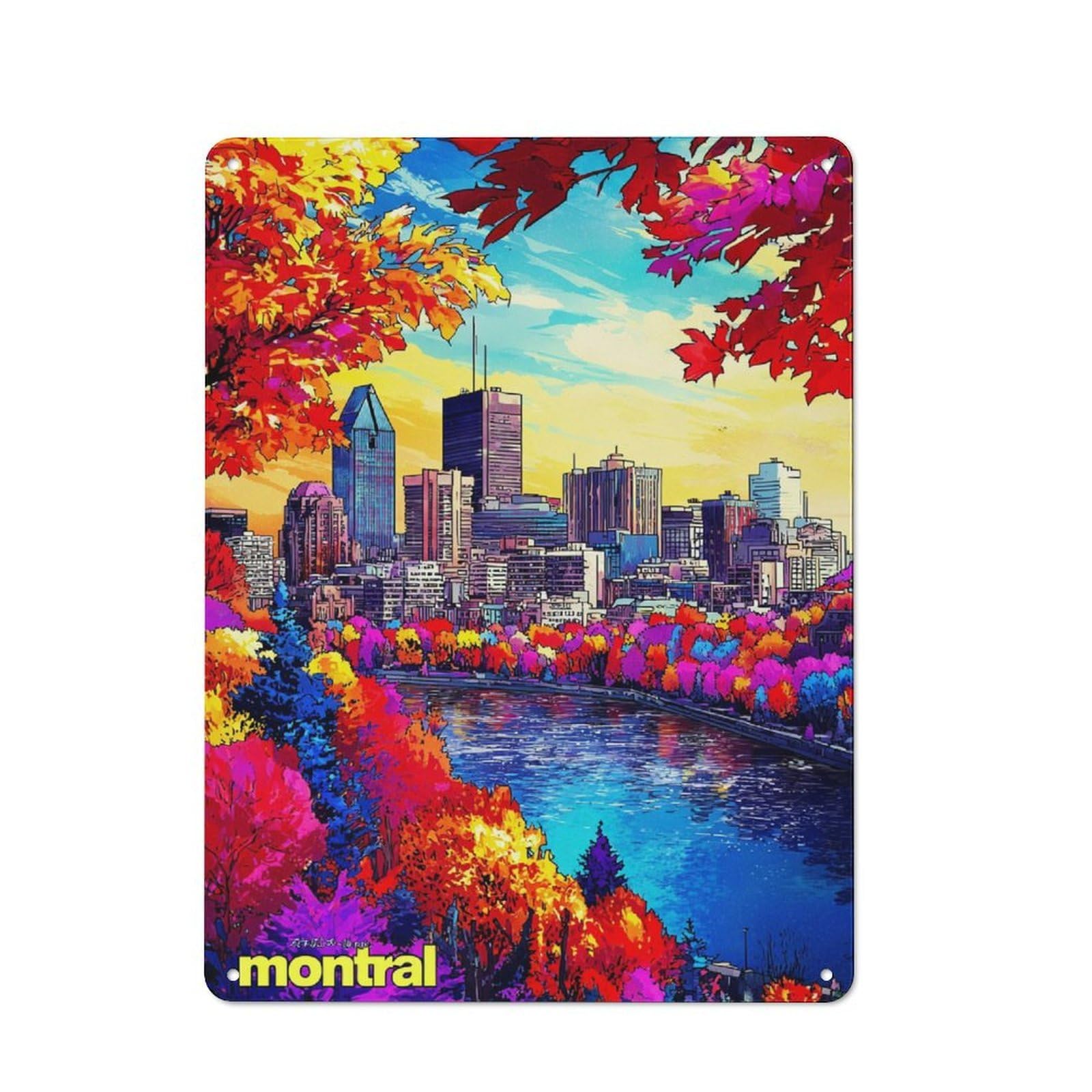 Junmoney Autumn Colors In Montréal Skyline Tin Wall Plaque 40X30cm With For Home Bar Wall, A Decorative Christmas Gift For Hosts Who Enjoy Retro Interiors