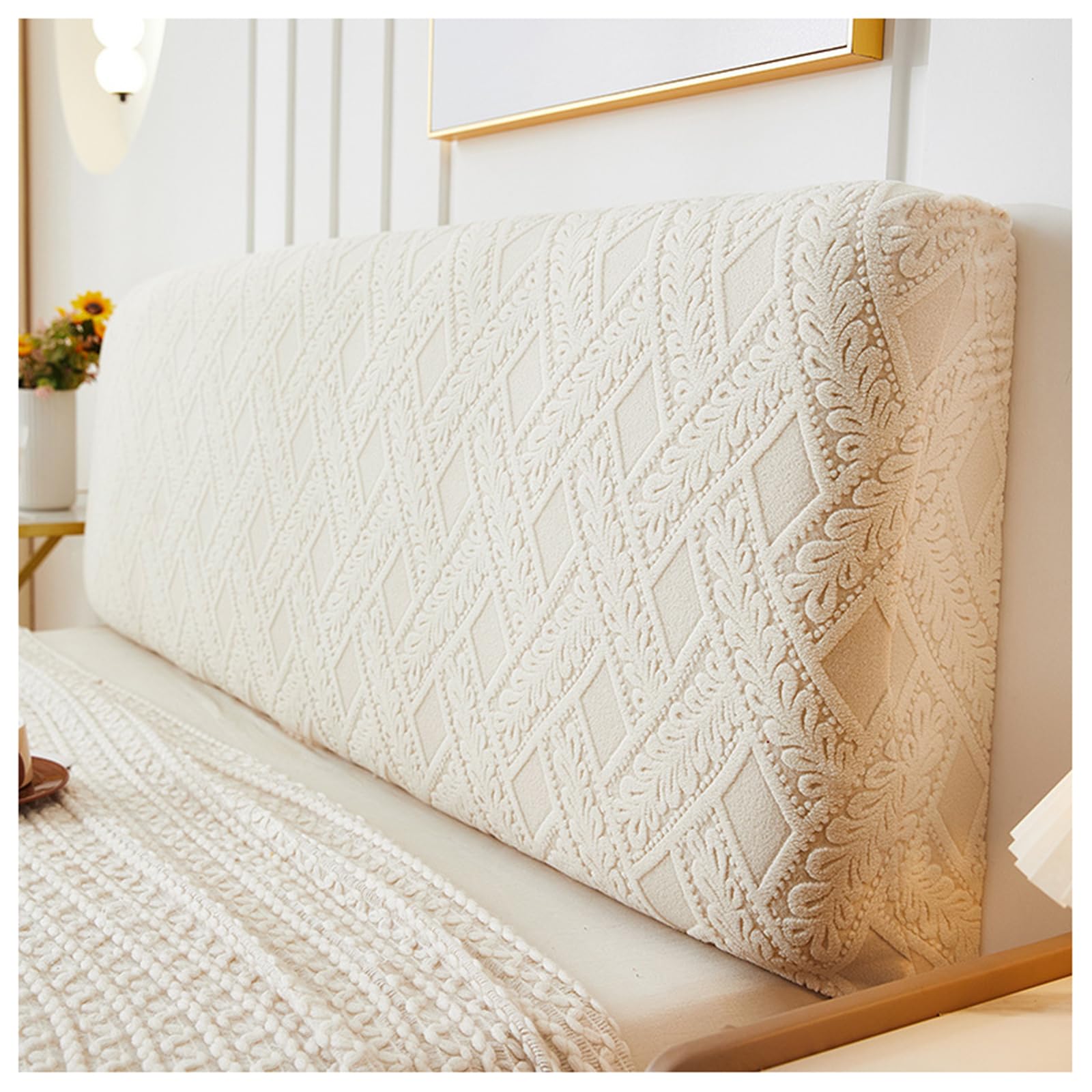 GOFOHIMI Bed Headboard Slipcover Sets,Headboard Covers for Double Bed/Small Double,Dustproof All-inclusive Elastic Headboard Protection Cover,Polyester Jacquard Headboard Cover,Beige,120cm