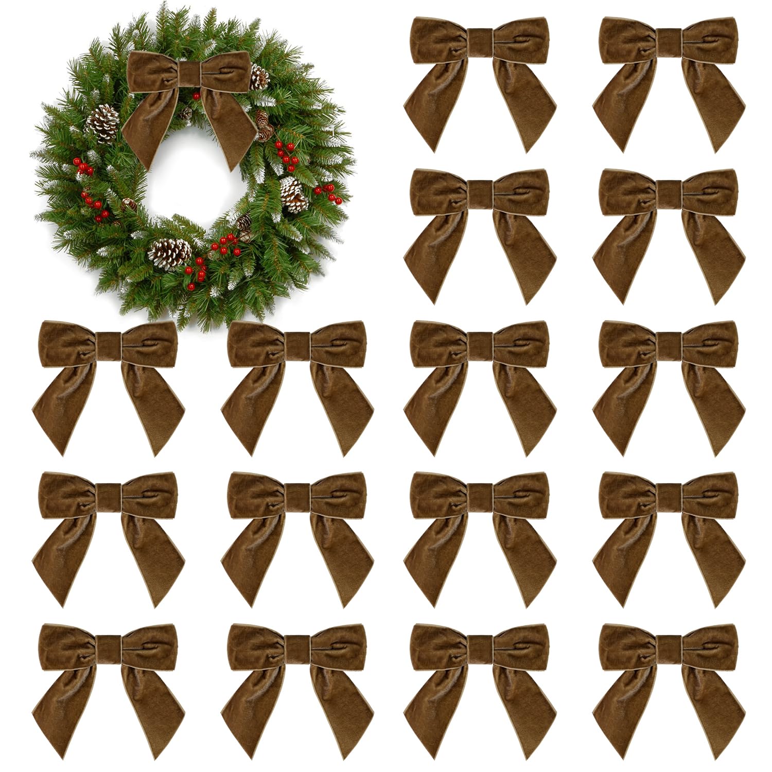 16Pcs Brown Christmas Velvet Bows, 4.3" Vintage Velvet Ribbon Bows for Christmas Tree Garland Wreath Gift Wrapping DIY Crafts Wedding Decor (Camel)