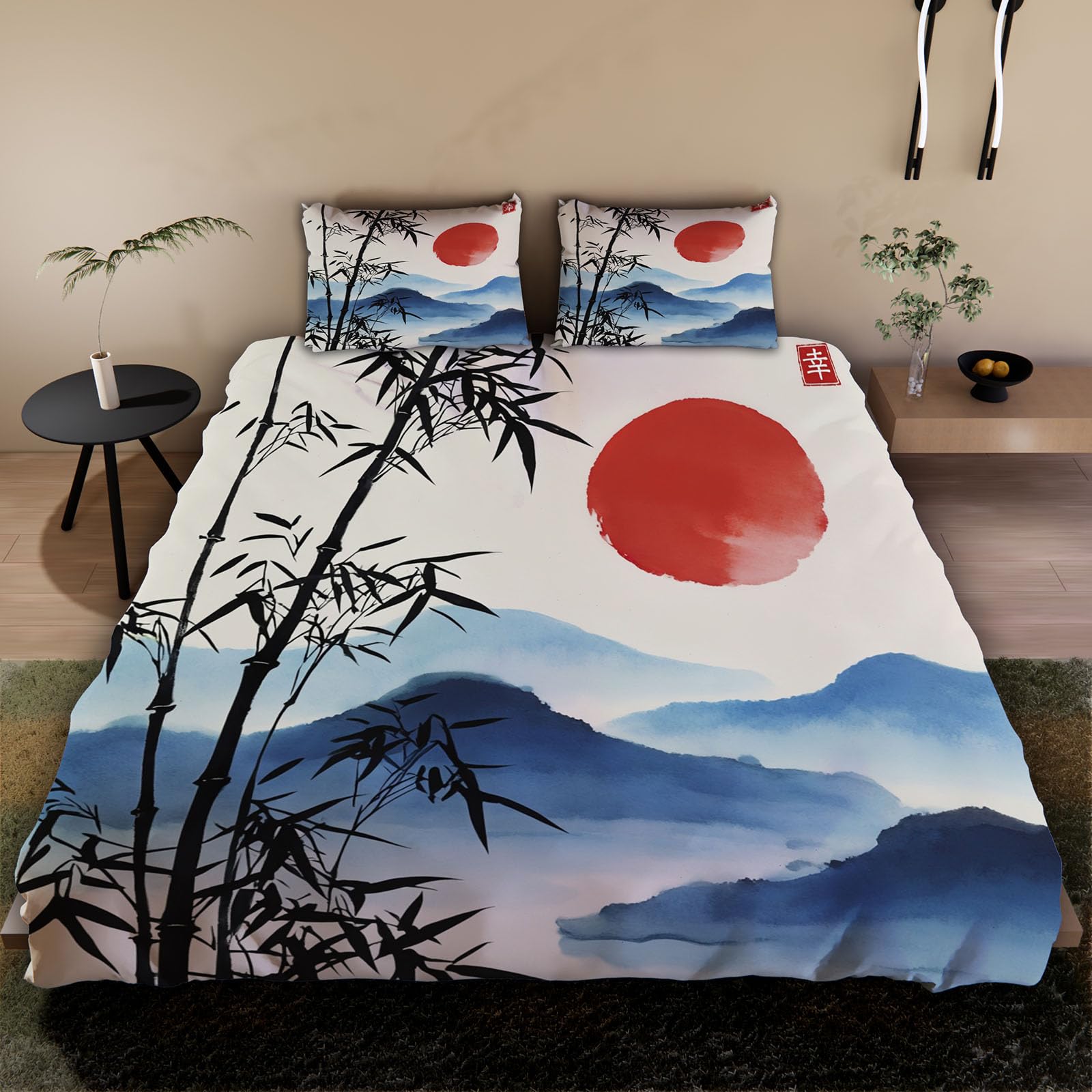 Wendebettwäsche Japan Stil 135x200 4tlg mit 2 Kissenbezug 80x80（3-4）