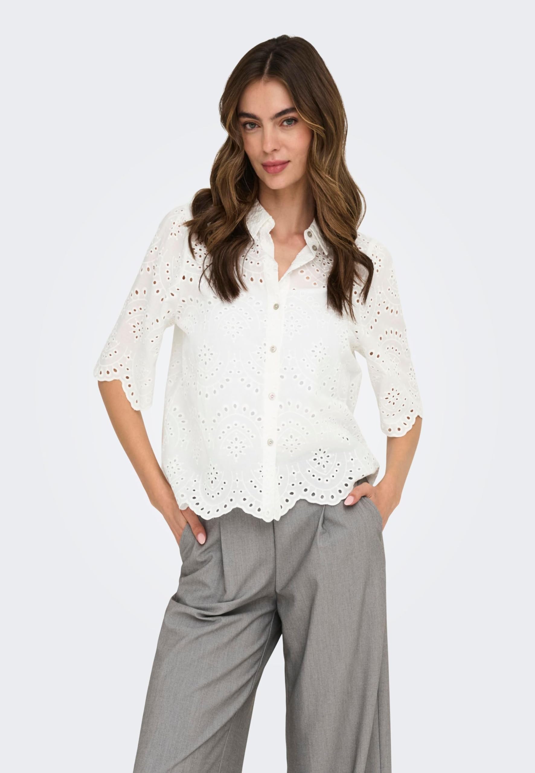 ONLY Damen Bluse Kurzarm Rundhals Kentkragen Knopfleiste Unifarben Modisch