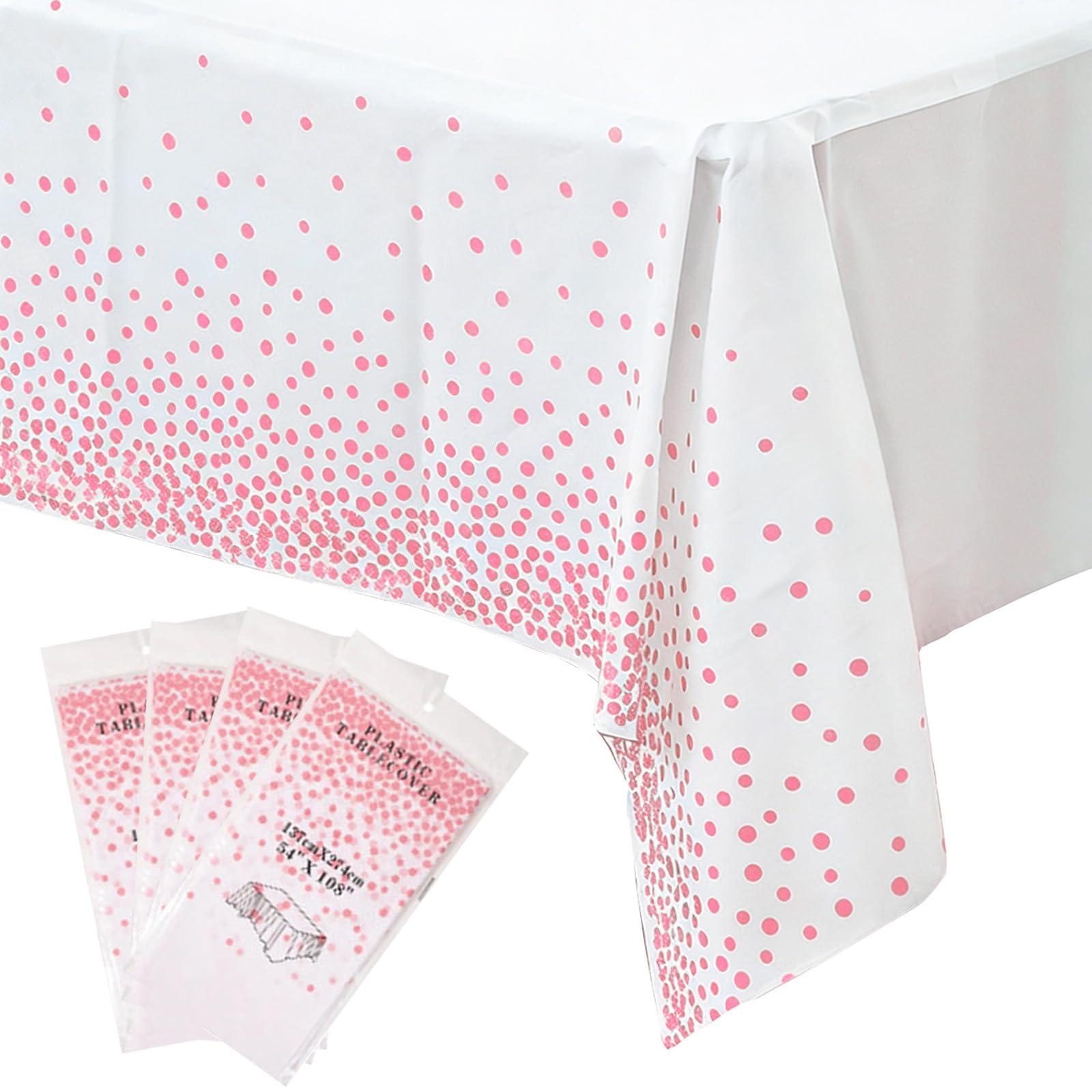 4Pack Plastic White and Pink Dots Tablecloth Party for Rectangle Tables, 137x274cm Decorative Paper Table Cloths for Parties Disposable, Party Table Cover for Picnic,Baby Shower,Wedding,Birthday,Xmas