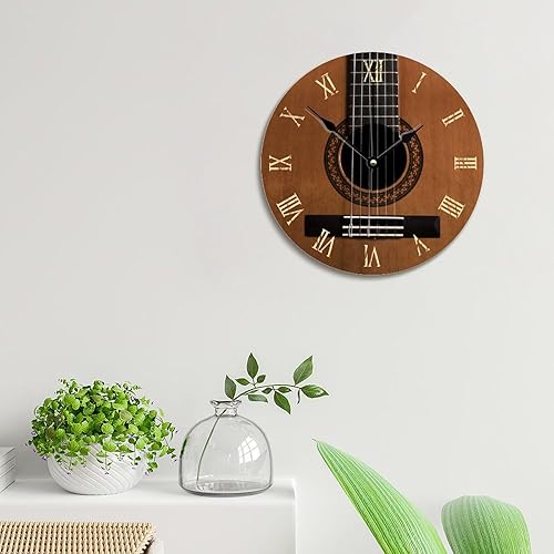 Miniatura 3 de Reloj de pared con aspecto de madera natural, reloj de pared de guitarra acústica, silencioso, redondo, de madera, funciona con pilas, reloj
