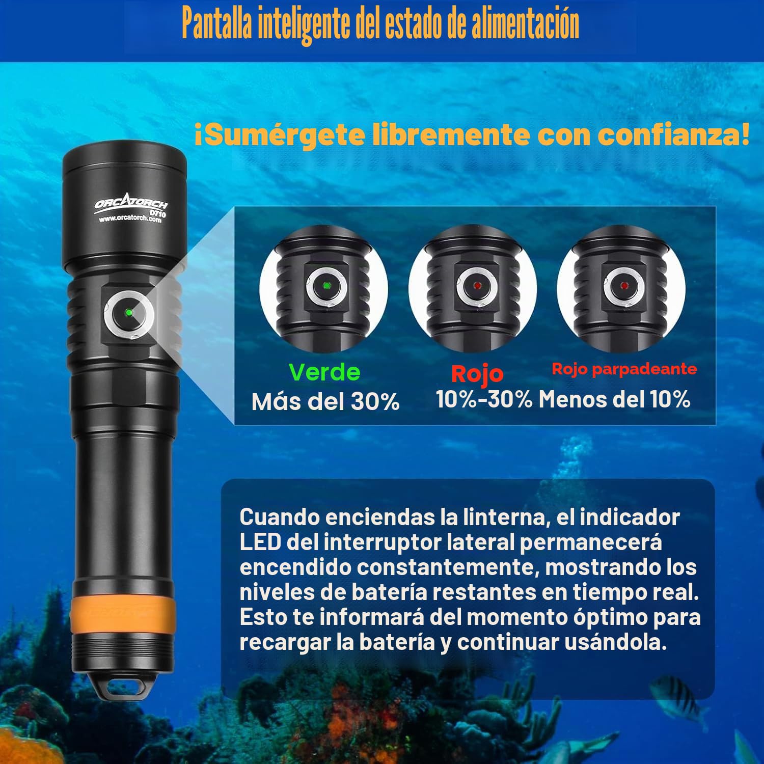 Orcatorch D710 Linterna Buceo, linterna submarina de 3000 lúmenes con haz estrecho de 6 grados, linterna de buceo nocturna impermeable IP68 con indicador de batería【Buceo subacuático de 492 pies】