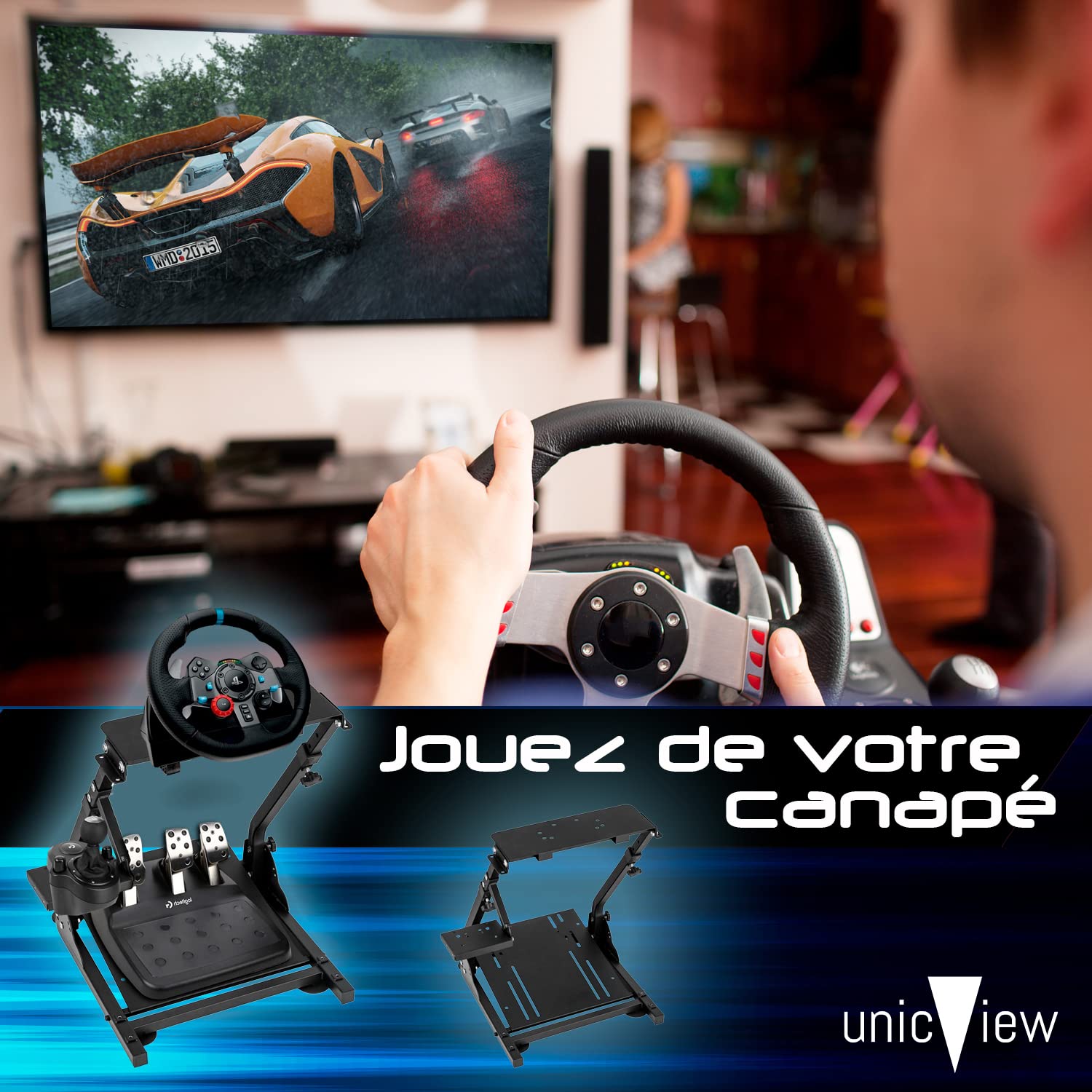 Unicview Support de volant G29 G920 G923 avec support de boîte de vitesses, T150 T500 T300 TX TH8A, Clubsport, entièrement réglable, pliable