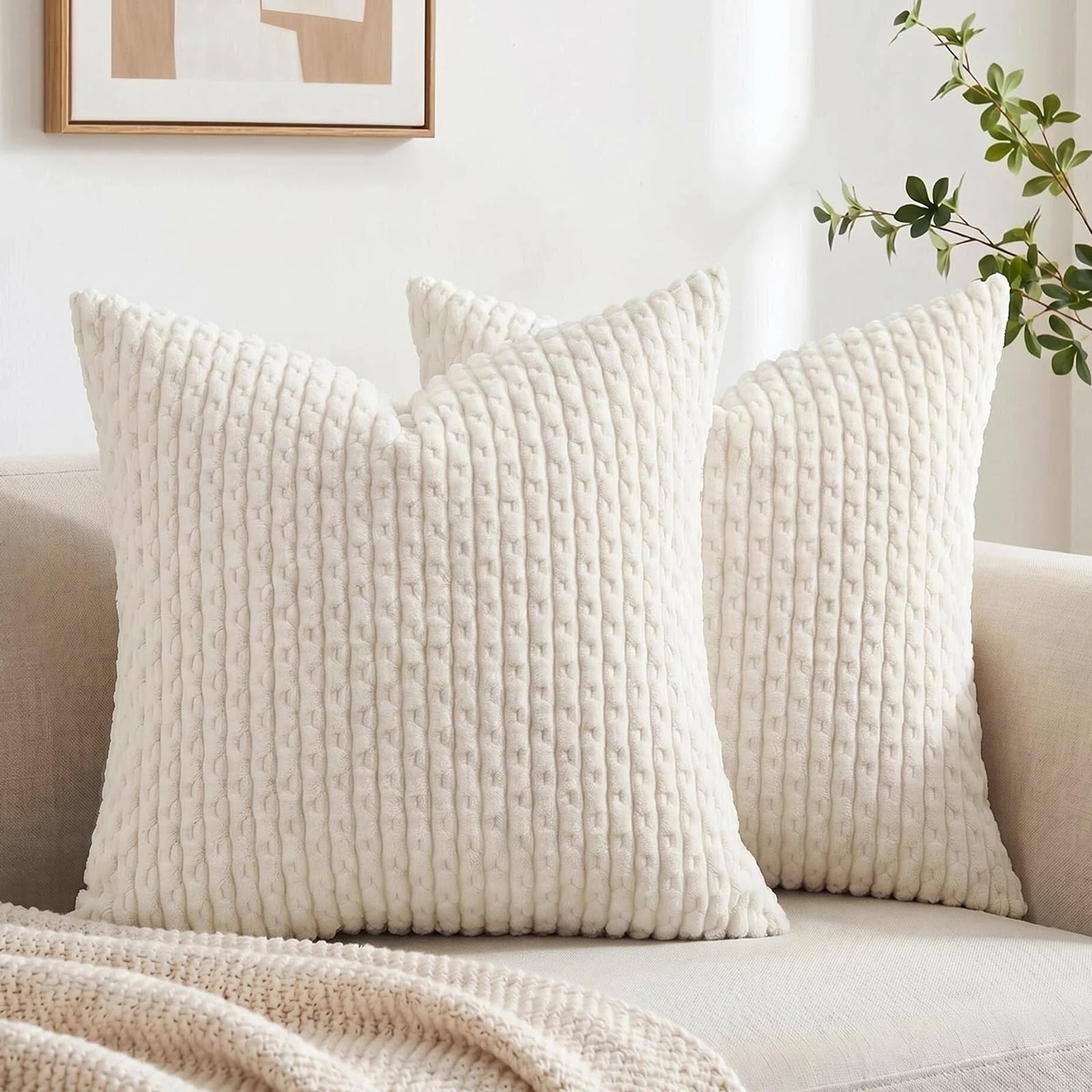 Fancy Homi 2 Packs Cream Decorative Throw Pillow Covers 26x26 Inch for Couch Bed Sofa, Modern Farmhouse Boho Home Decor, Soft Cute Plush Corduroy Cushion Case 66x66 CM โ image 1
