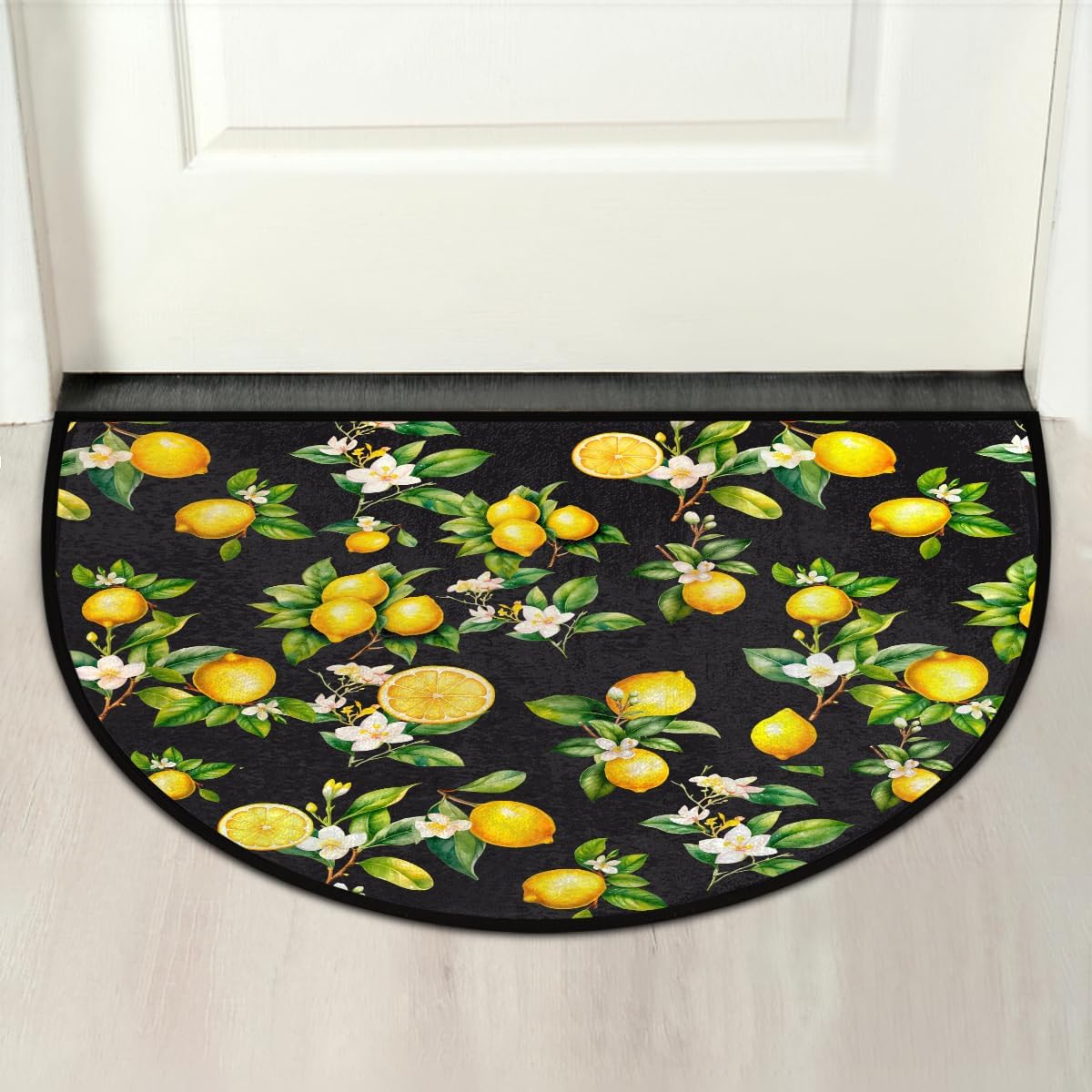Half Round Door Mat Lemon Black Tropical Fruit Half Moon Rug Washable Half Circle Area Rugs Indoor Entrance Non Slip Semi Circle Bathroom Rugs Floor Carpet for Kithen Bedroom Fireplace Decor
