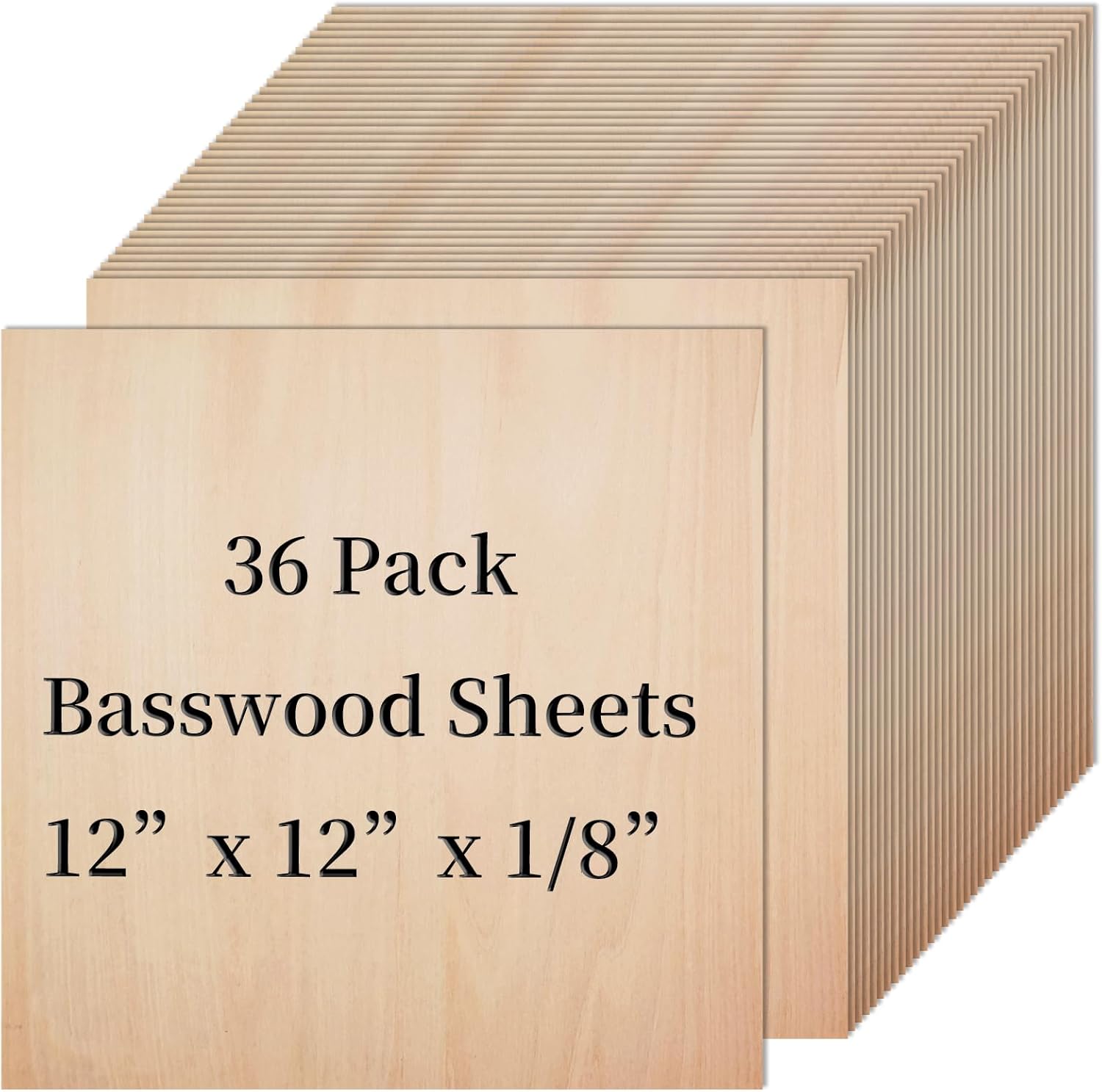 36 PCS Basswood Plywood Unfinished Wood Craft of 12 X 12 X 1/8 Inch, Suitable for DIY Decorations, Model Carving, Wood Carving, Architectural Models and Painting