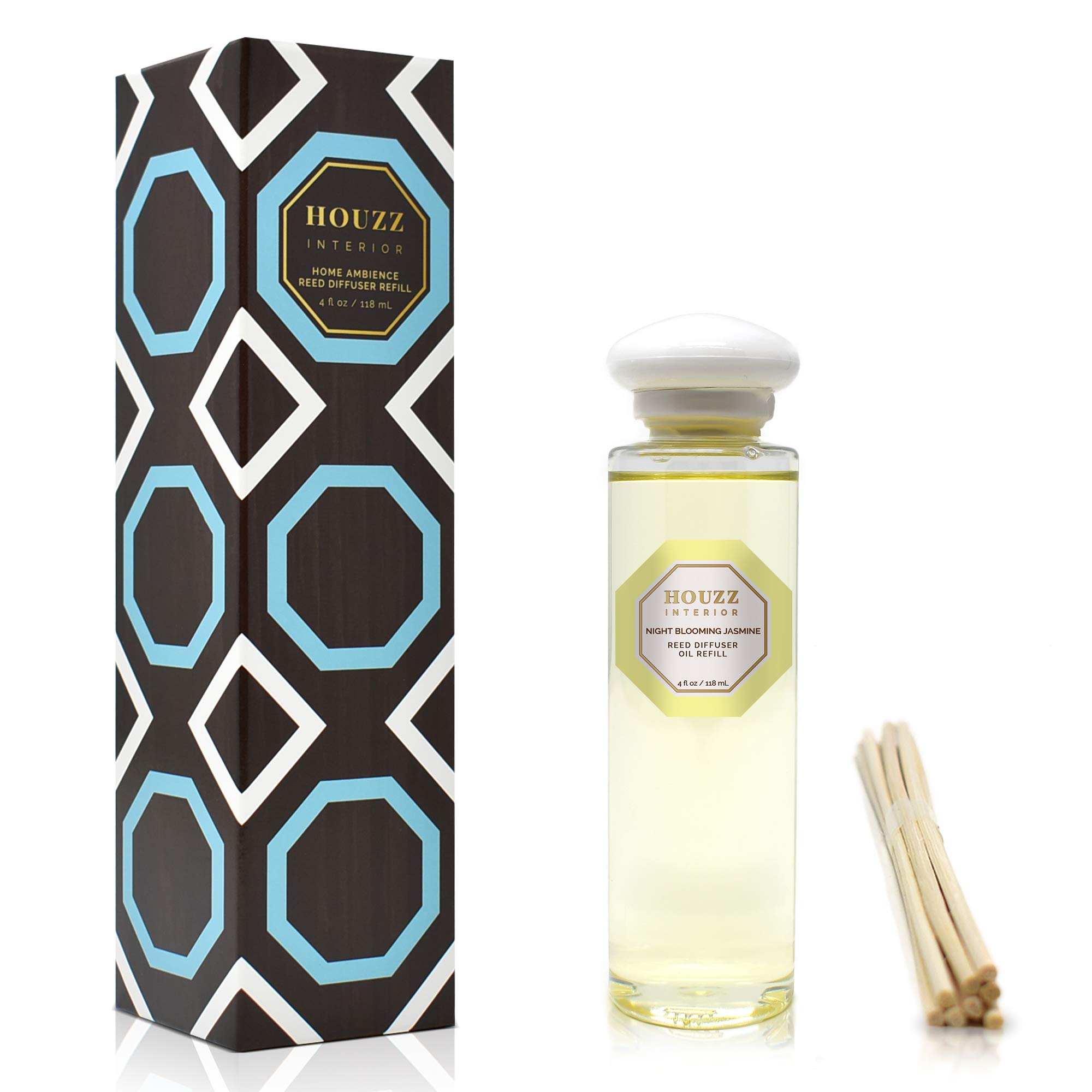 HOUZZ Interior Night Blooming Jasmine Reed Diffuser Refill Oil with Sticks – Jasmine, Amber & Patchouli – DIY Replacement for Scented Sticks Set – All Natural Essential Oils – Made in The USA
