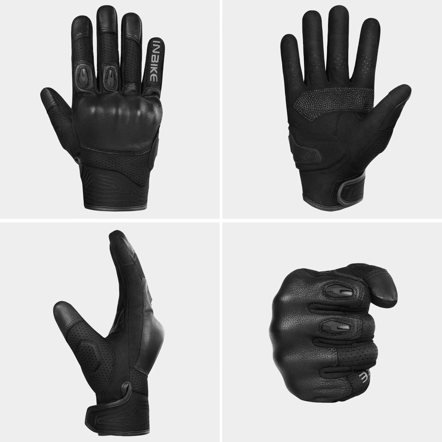 INBIKE Motorcycle Gloves for Men/Women, Leather Stitching Breathable Mesh, TPR Palm Sliders, Touchscreen Motorbike Gloves for ATV BMX MTB Riding Black L