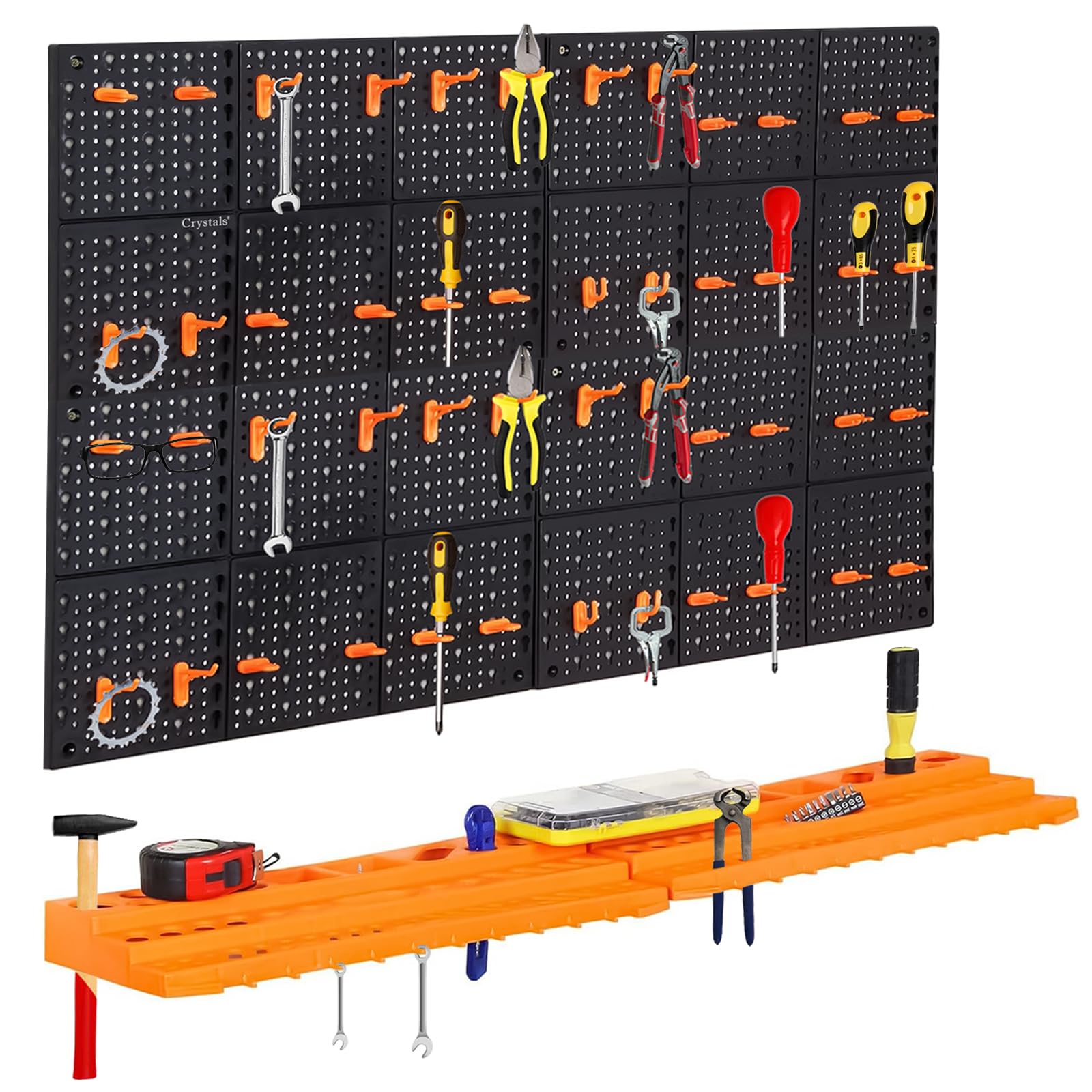 Crystals Garage Tool Storage Rack with Shelf & Pegboard For Multiple Tools, Garden Tool Rack for Easy Access to Different Tools and Accessories, Tool Board For DIY Projects & Gardening (78 Pcs)
