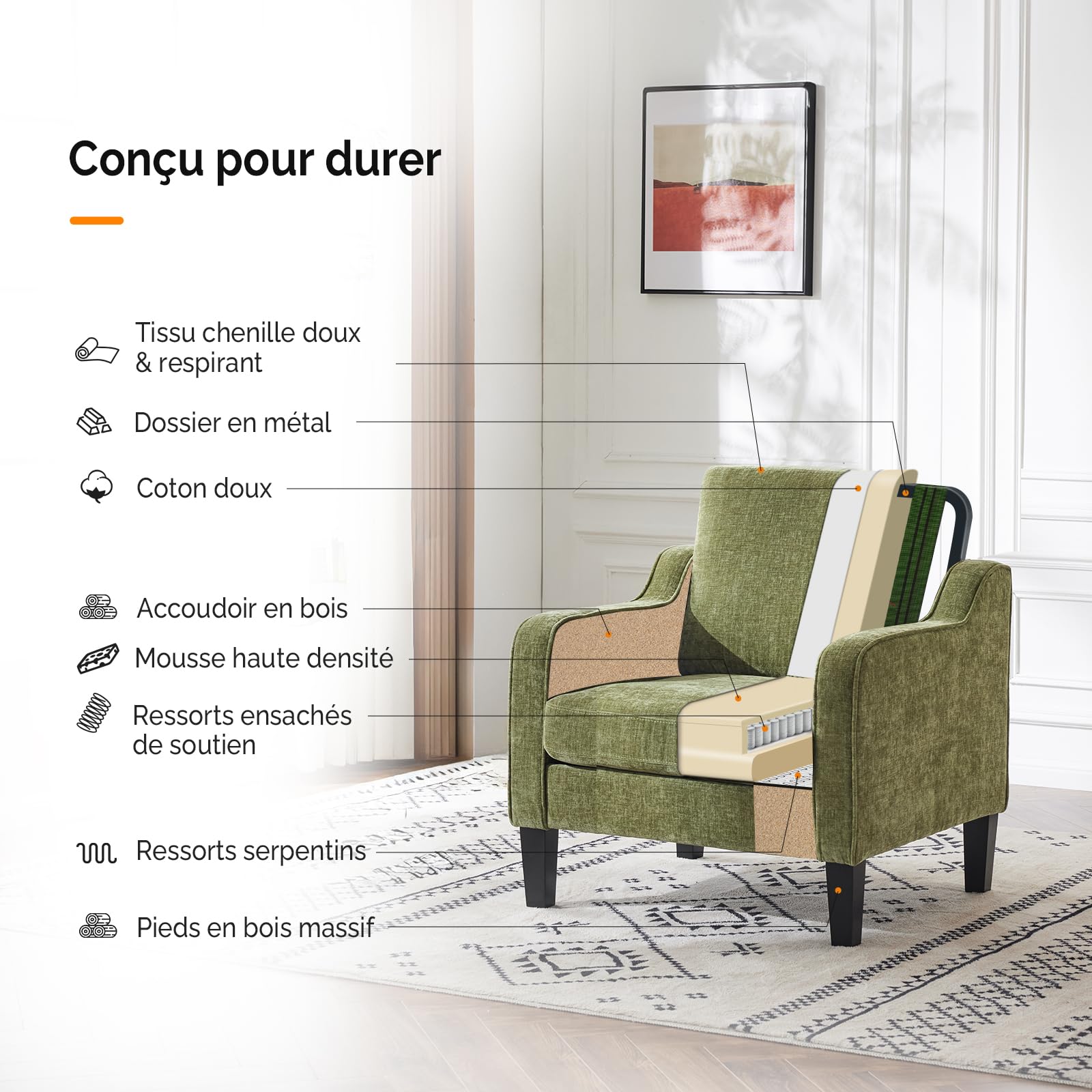 Bonnlo Poltrona Design in Tessuto Chenille, Poltrona Salotto con Gambe in Legno Massello, Poltrocina Camera da Letto per Ufficio e Soggiorno, 76 x 78 x 84cm (Verde)