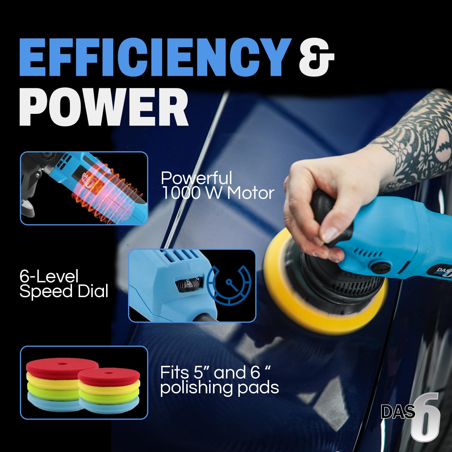 PRO Plus Car Polisher 1000 W I Powerful Dual Action Polisher I Electric car polishing Machine, 6 speeds I Fits 5.5” & 6.5” Car Buffer Pads I Detailing Kit for Scratch Removal car
