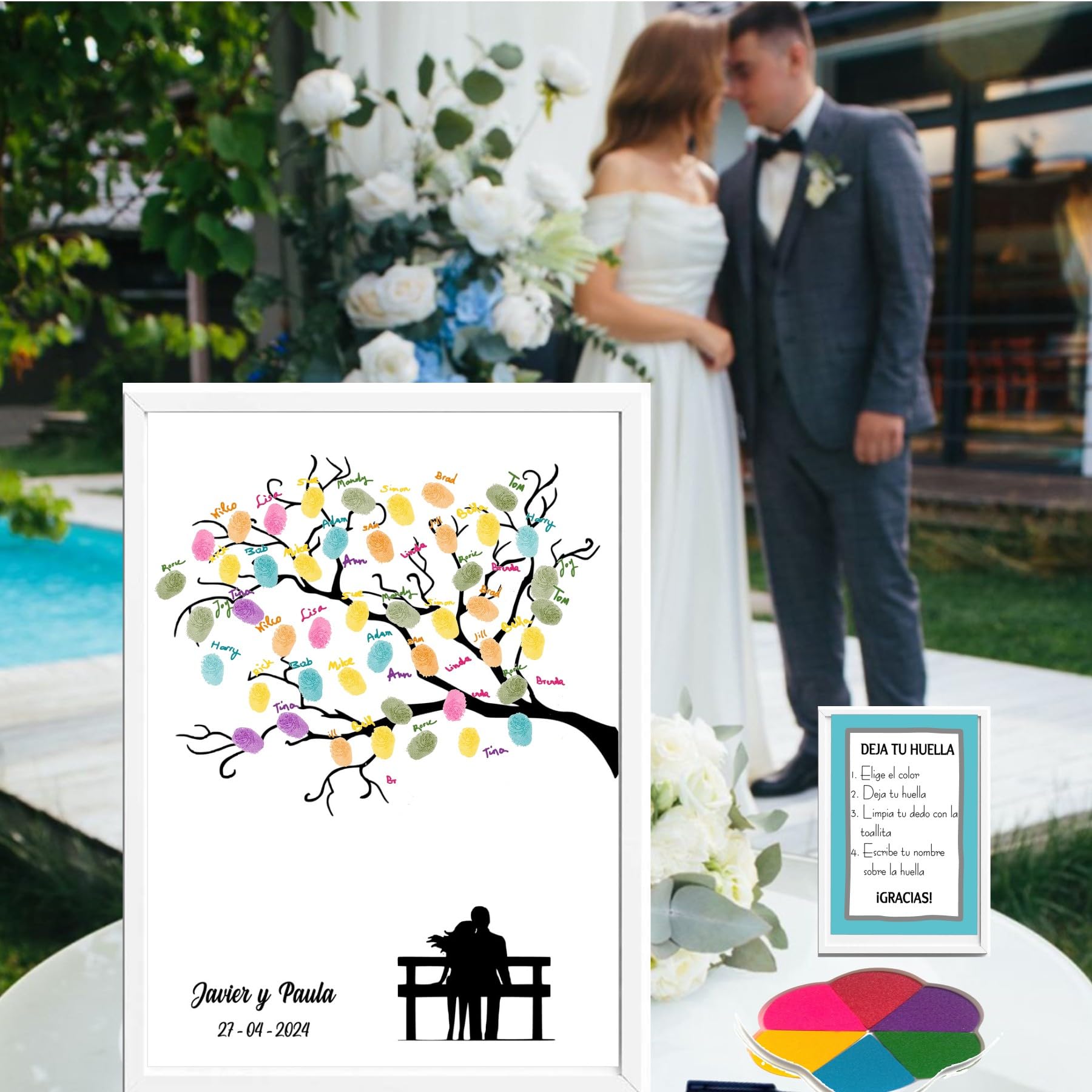 Libro Firmas Boda, Cuadro de Huellas Personalizado, Regalo Original para Novios, Incluye Marco de Madera 3 Colores, Tintas e Intrucciones. (Huellas Parque, 50 X 60 CM)