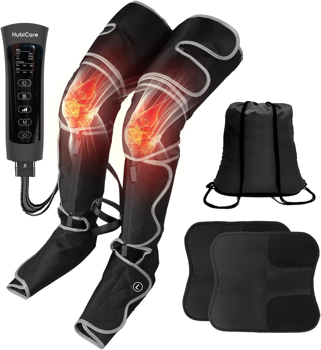 Contents of the HubiCare Leg Massager package, including the leg wraps, controller, knee pads, and a storage bag.