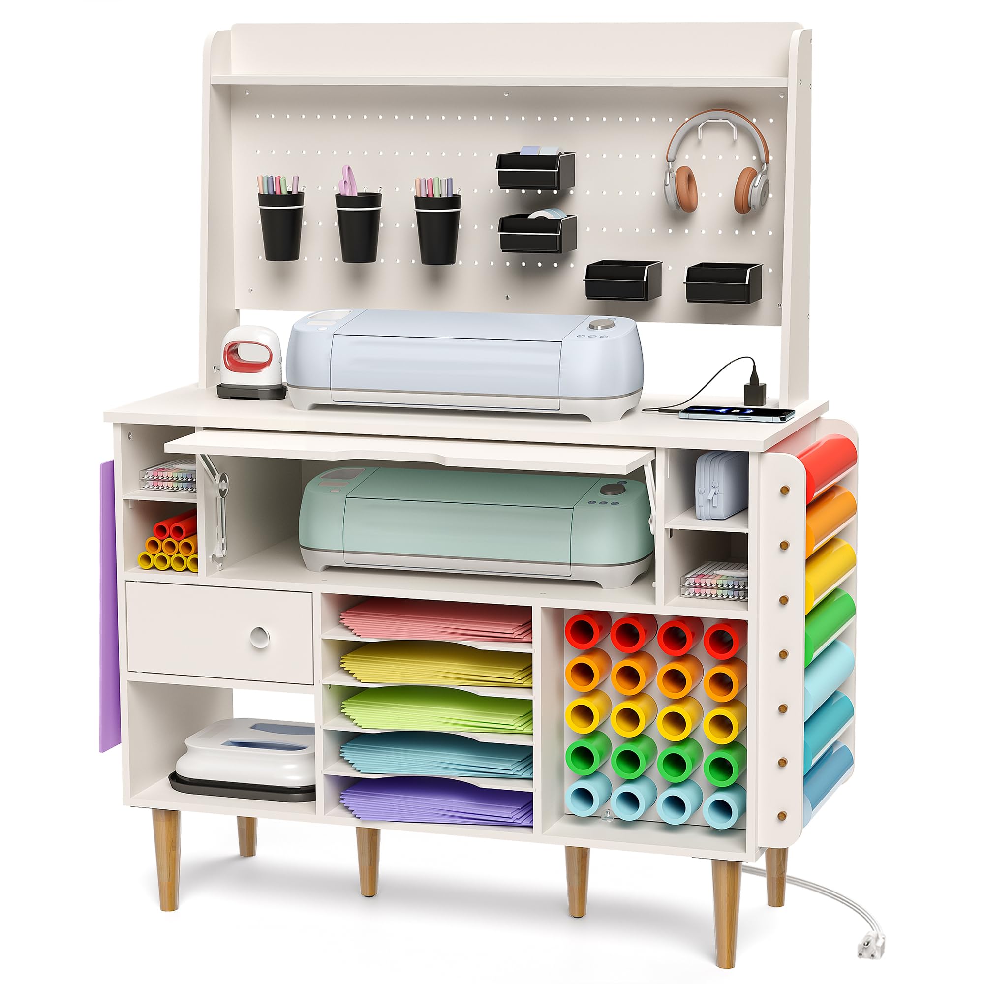  Craft Table for Cricut Machines, Organizers and Storage Cabinet with USB Ports and Outlets, Crafting Desk Vinyl Roll Holder Tool Accessories Organization with Storage and Pegboard