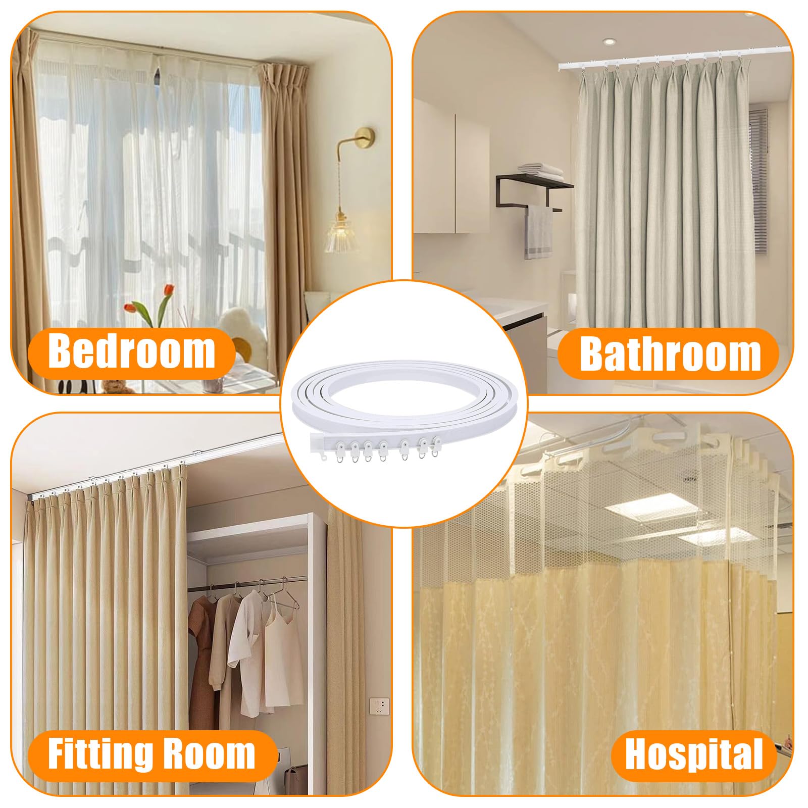 3M Rail Rideau Plafond Flexible Avec 24 Crochets En Métal & 24 Rouleaux Silencieux, Systèmes Rails Rideaux Pliables Incurvés, Rail Rideau Douche Pour Séparation De Pièce, Chambre, Balcon, Camping Car