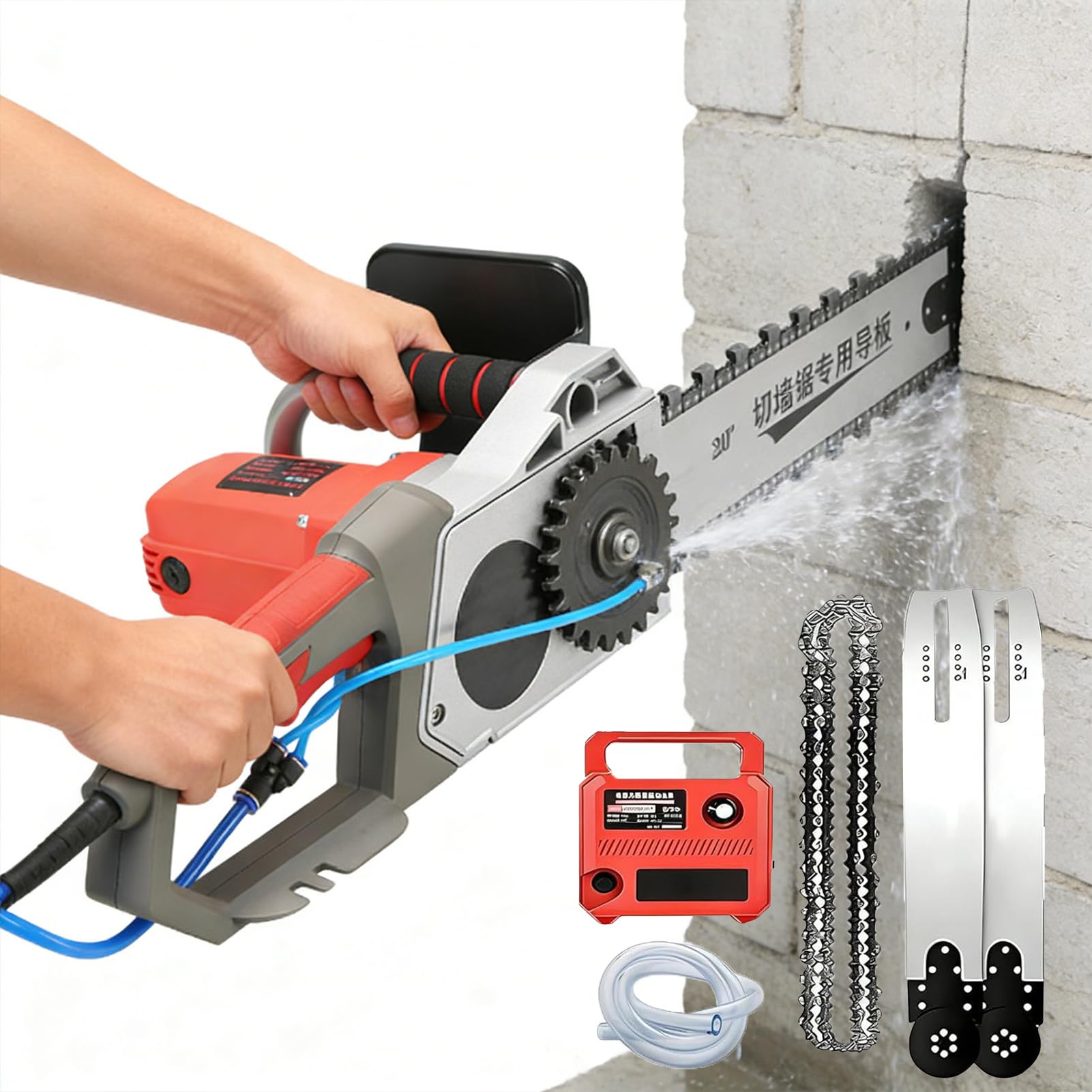 Sierra de hormigón eléctrica con bomba de agua y 2 cadenas/2 guías, 0 – 6000 rpm, hormigón y piedra, profundidad de 35 cm/48 cm, para granito, porcelana, piedra (6500 W480 mm)