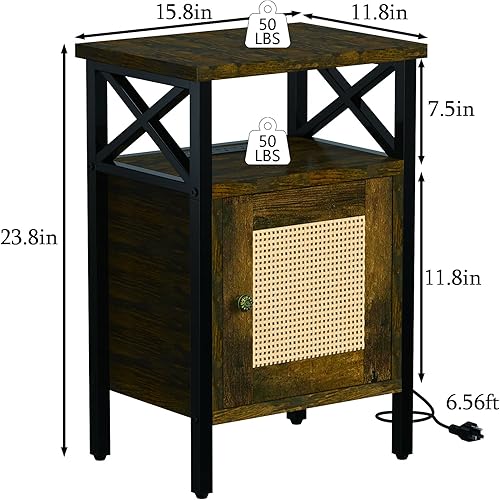 Miniatura 3 de Mesita de noche de ratán con estación de carga, mesa auxiliar con carga Qick tipo C, mesita de noche con puerta y estante abierto, mesa auxiliar de