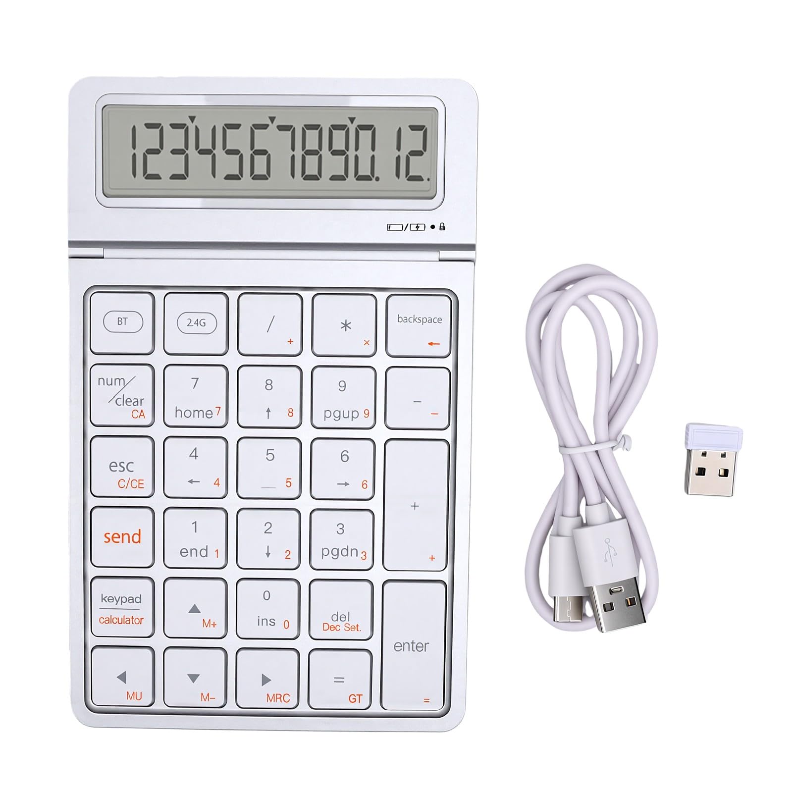 Goshyda Tastiera Numerica Wireless a 12 Cifre, Modalità Doppia Bluetooth, | Modalità Duale (Bluetooth e 2.4G), Display LCD Ribaltabile a 12 Cifre, Corpo Compatto in Lega di Alluminio, per Inserimento