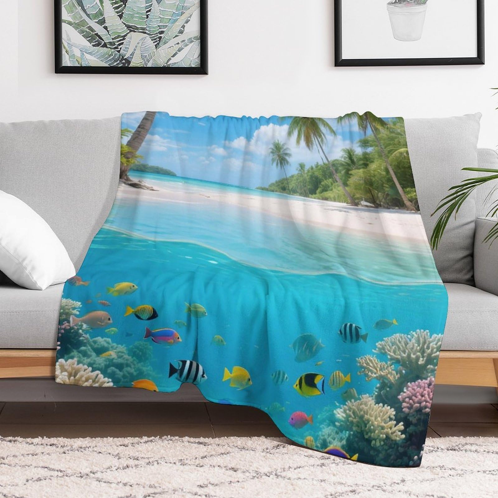 Custom Tropical Fish Beach Blanket Lightweight Flannel Fleece Throw for Couch Sofa Bed Luxury Soft Cozy Plush Lap Bedtime Blanket for All Seasons Bedroom Home Decor Gifts 60x80