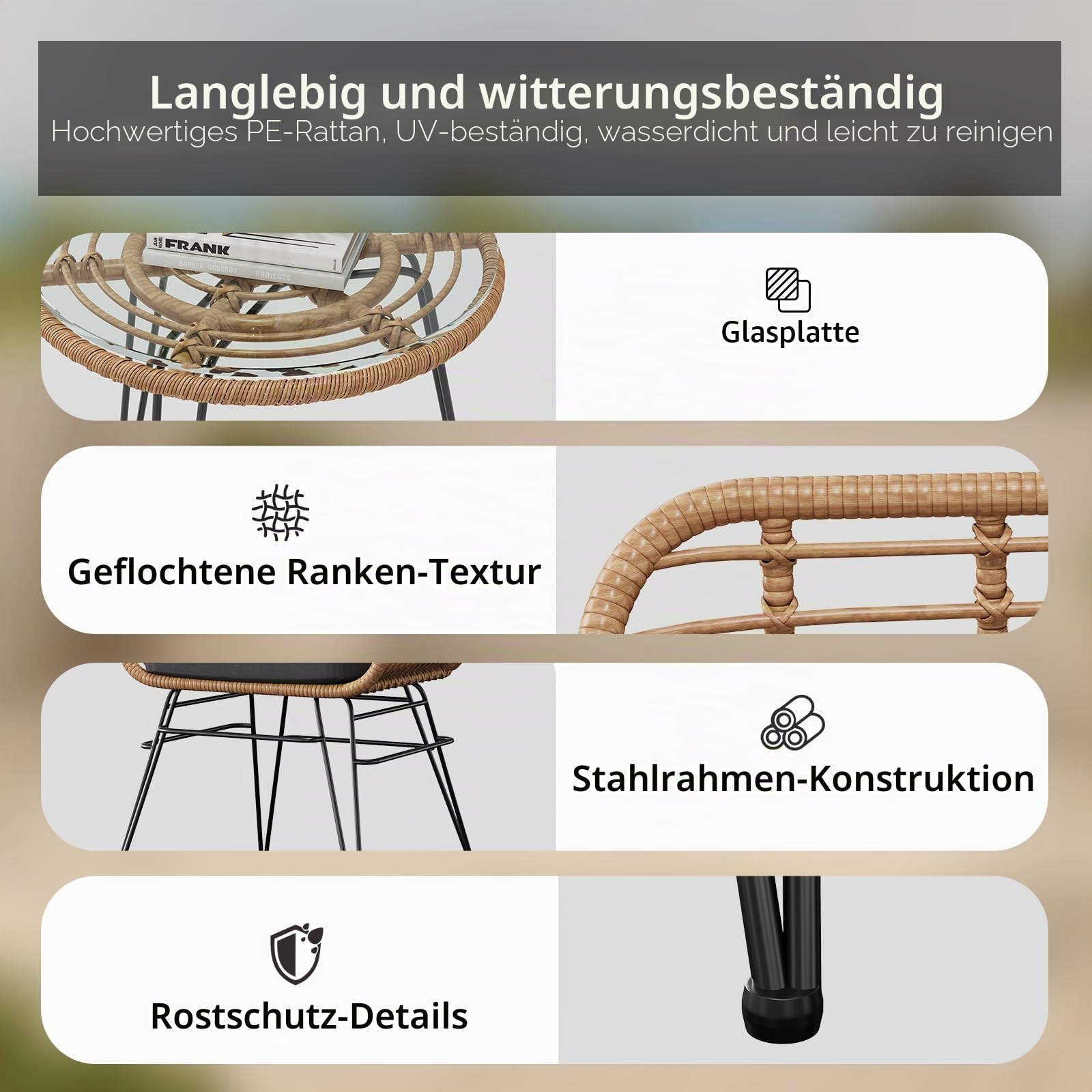 3-teilig Rattan Balkonmöbel Set, 2 Stühle mit Sitzkissen + Glastisch, Braun | Wetterfestes, Abnehmbare Dicke Sitzkissen, Gehärteter Glastisch, Nutzbar für Terrasse, Garten, Innen und Außenbereich
