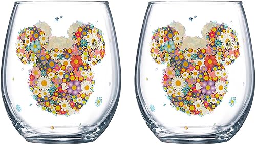 Jerry Leigh Vasos para beber sin tallo con diseño floral multicolor de Mickey Mouse, recuerdo de Disney, vaso para adultos, 14.5 onzas, paquete de