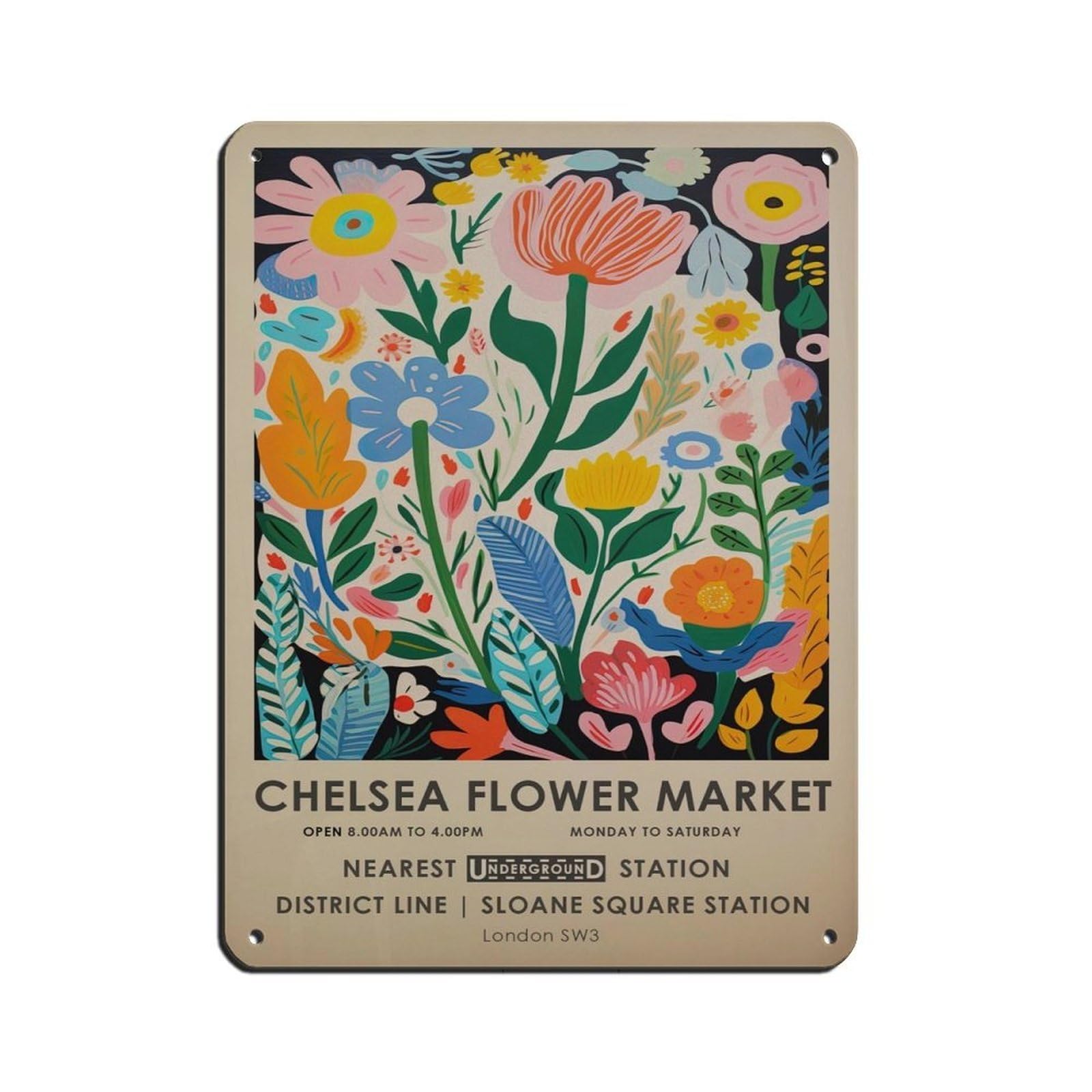 Chelsea Flower Market, Floral Gift Tin Sign Vintage Metal Pub Club Cafe Bar Home Wall Art Decoration Poster Retro 12x16inch(30x40cm)