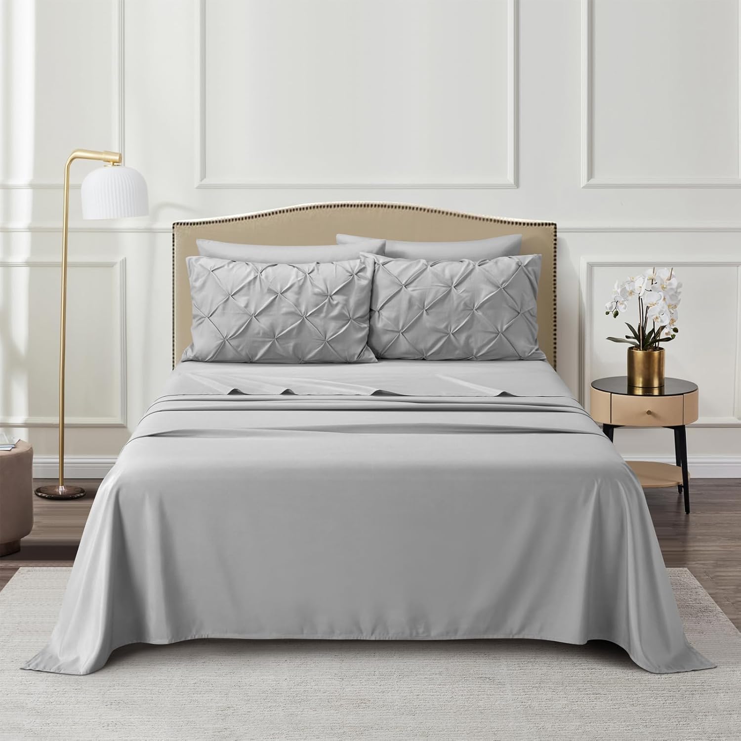 AiMay 6 PC Sheet Pillowcase Set Deep Pocket Double Brushed Microfiber Soft Durable Solid Color Wrinkle Free 1 Flat Sheet 1 Fitted Sheet 2 Pillowcases 2 Pinch Plated Pillowcases(Light Gray, Queen)