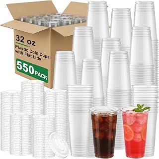 550 Set 32oz Clear Plastic Cups with Flat Lids, BPA-Free Disposable Crystal-Clear Leakproof To-Go Cold Drink Cups for Iced Coffee, Smoothie, Soda, Juice, Milkshake, Parties & Bulk Commercial Use