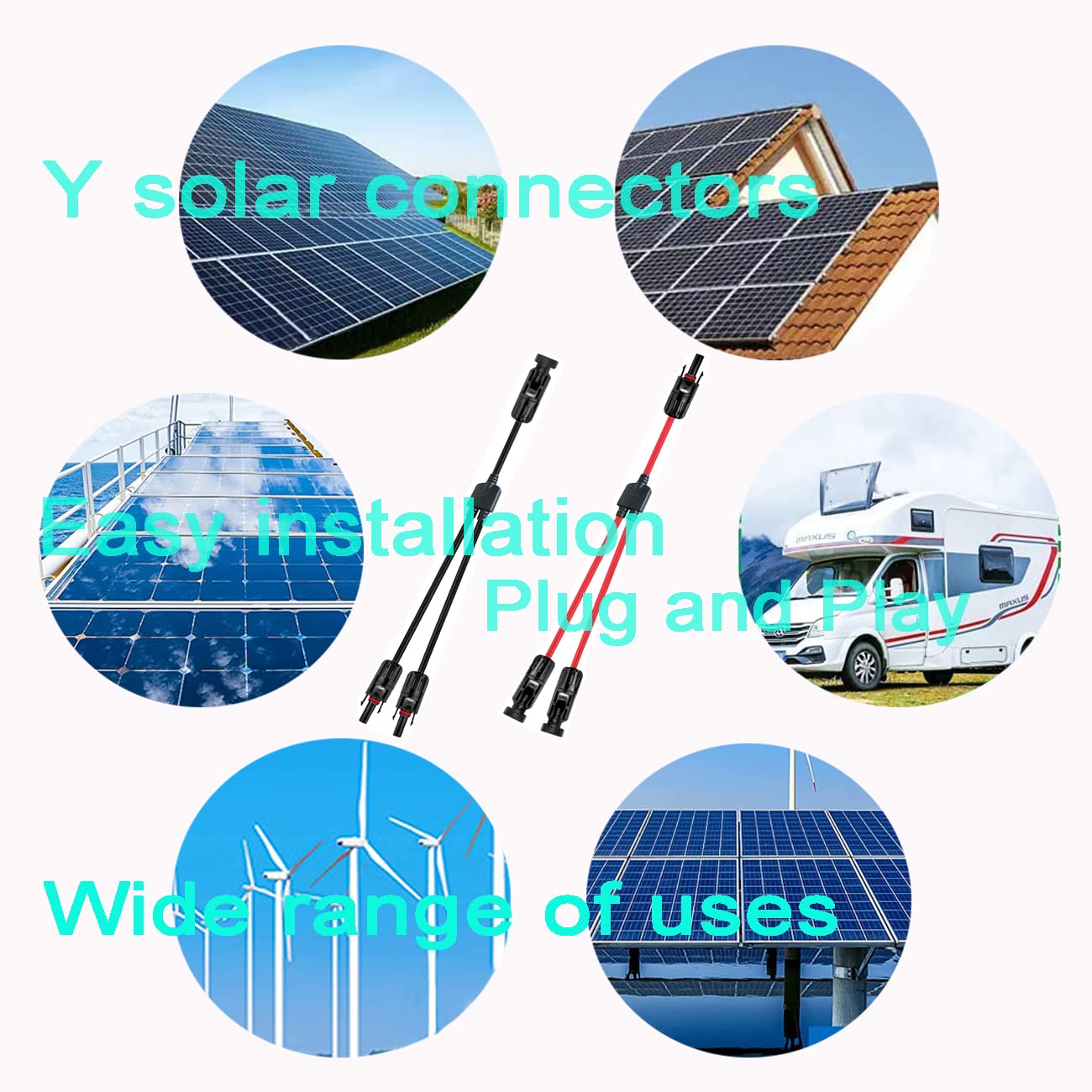 WOODGUILIN Y Solar Connector,Solar Y Branch Parallel Cable,Solar 1 to 2 Male Female Connector Adapter,10AWG 45A Waterproof IP68 40CM Cable, for Solar Panels,Solar Cells (MFF&FMM,1 Pair)