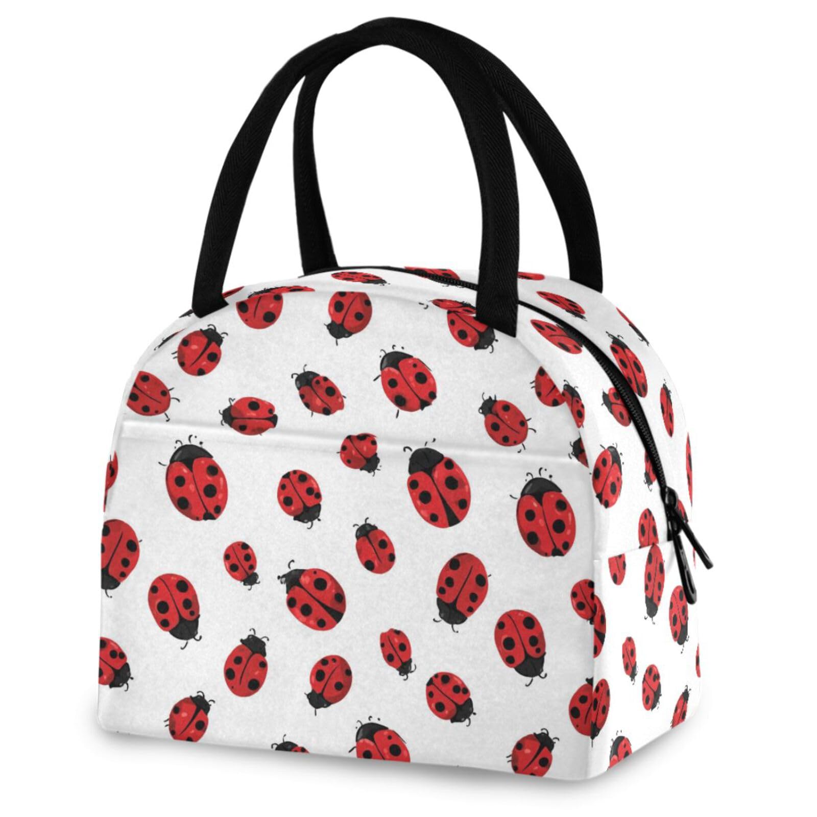 ZzWwR Cute Ladybug Pattern Reusable Lunch Tote Bag with Front Pocket Zipper Closure Insulated Thermal Cooler Container Bag for Man Women Work Picnic