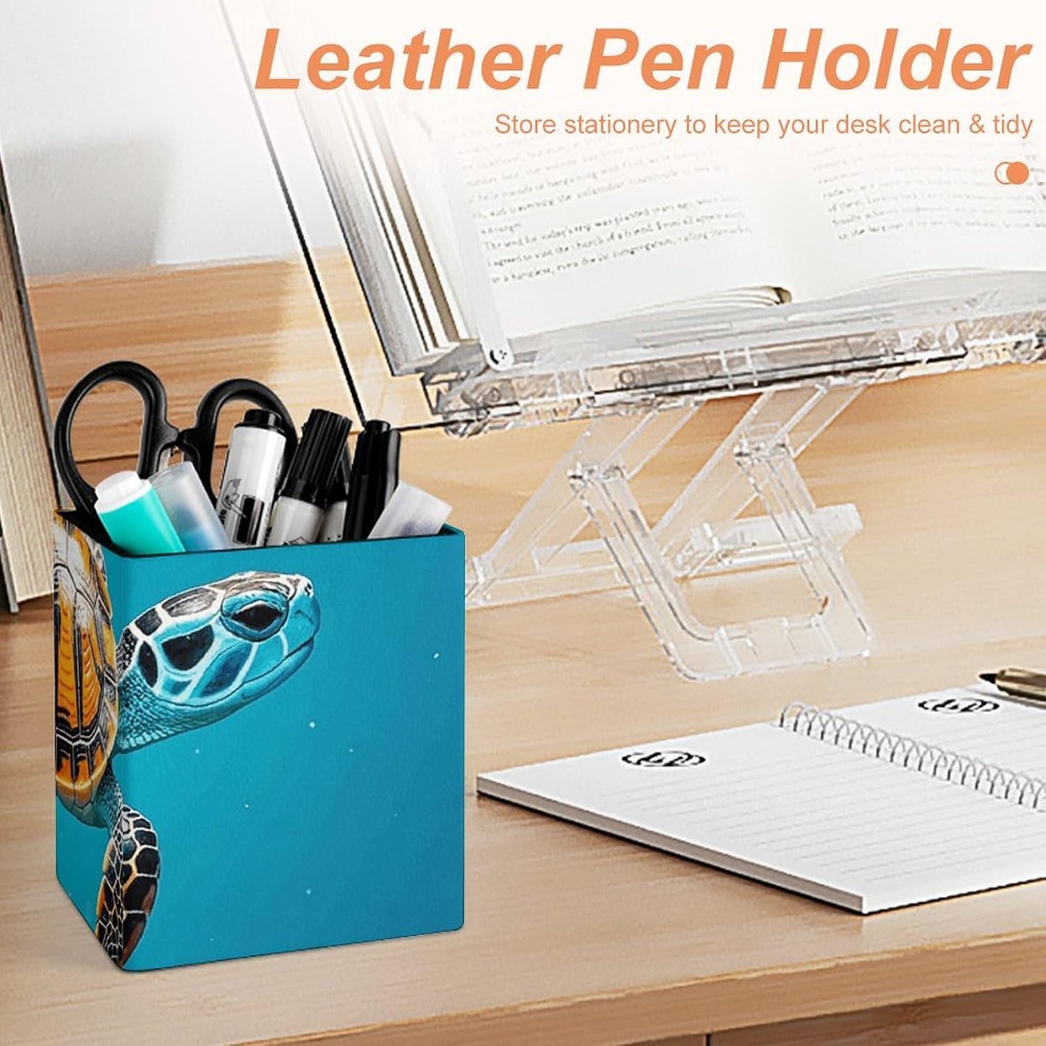 Blue Turtle Leather Pen Holder for Office, Modern Pencil Holder image 4