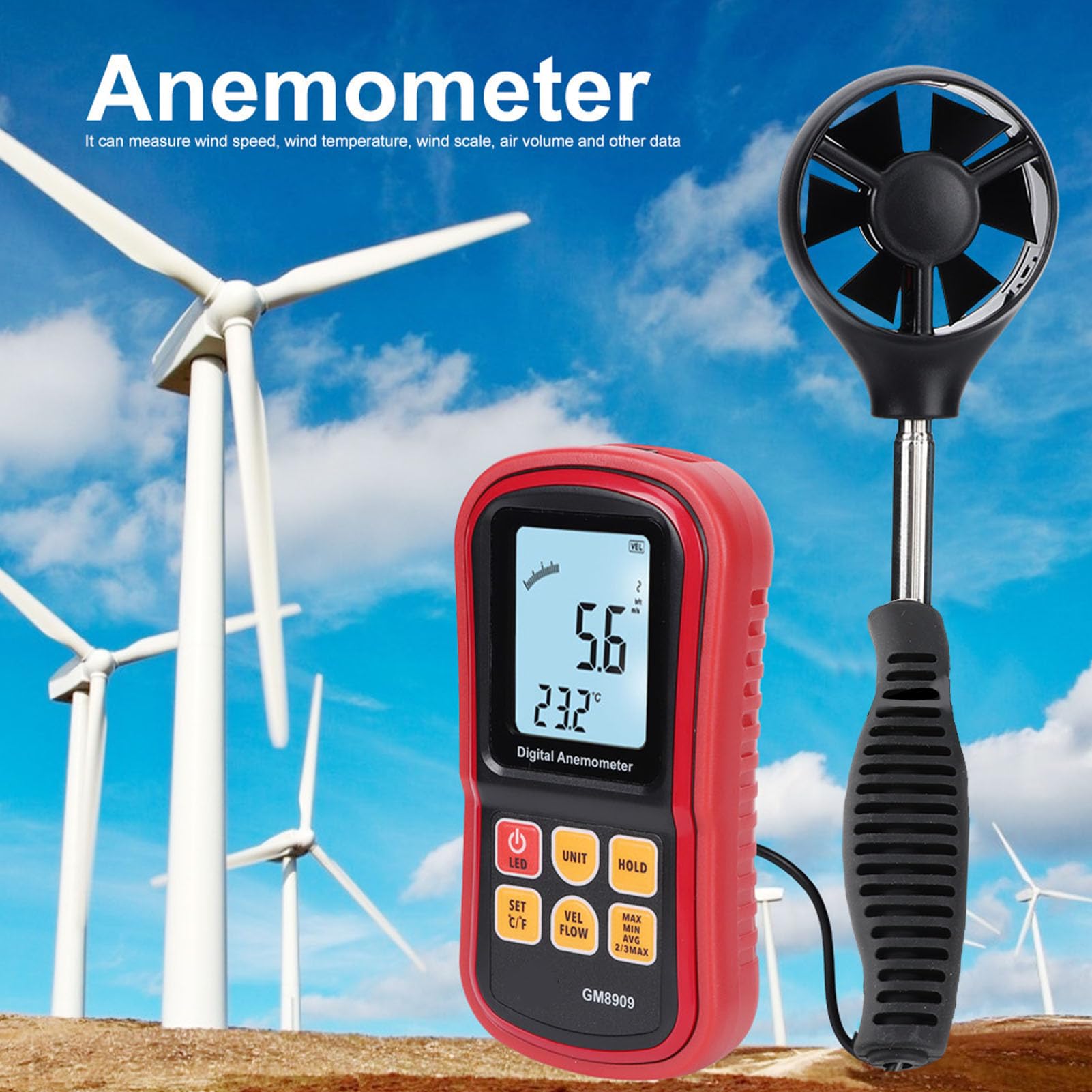 Anemómetro digital Medidor de velocidad del viento multifuncional para diversas aplicaciones