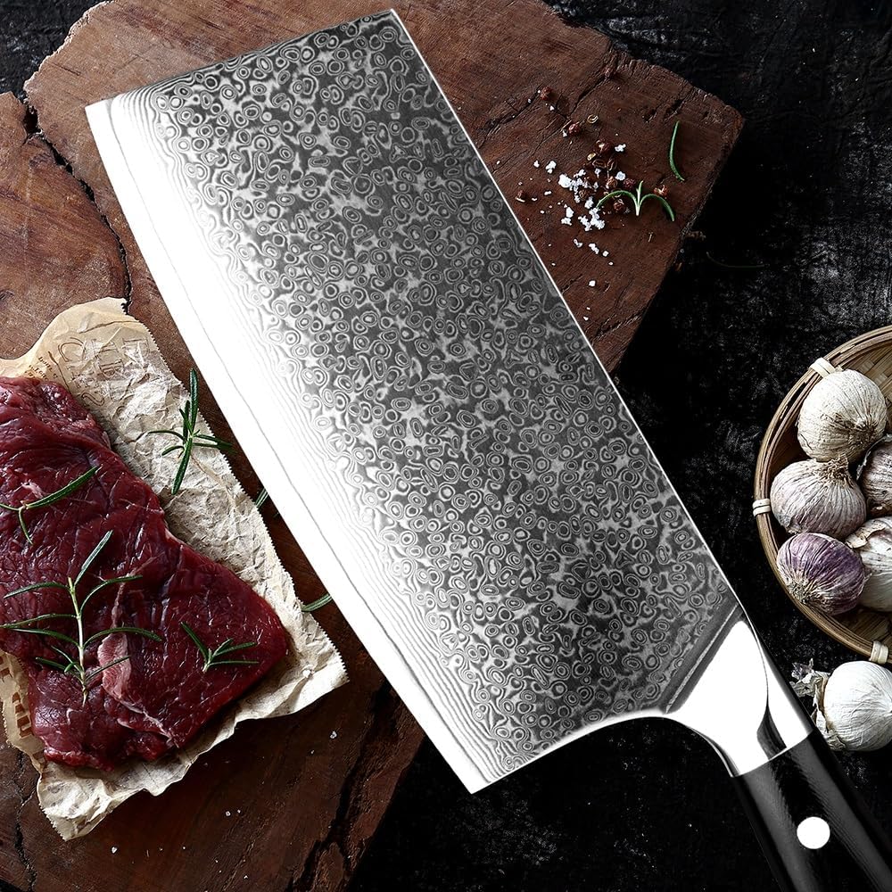 Meat Cleaver,Cleaver Knife 7 Inch Damascus Knife Professional Chef Butcher Knife 67 Layers Damascus Steel Kitchen Knife G10 Handle Cleaver Santoku Knife