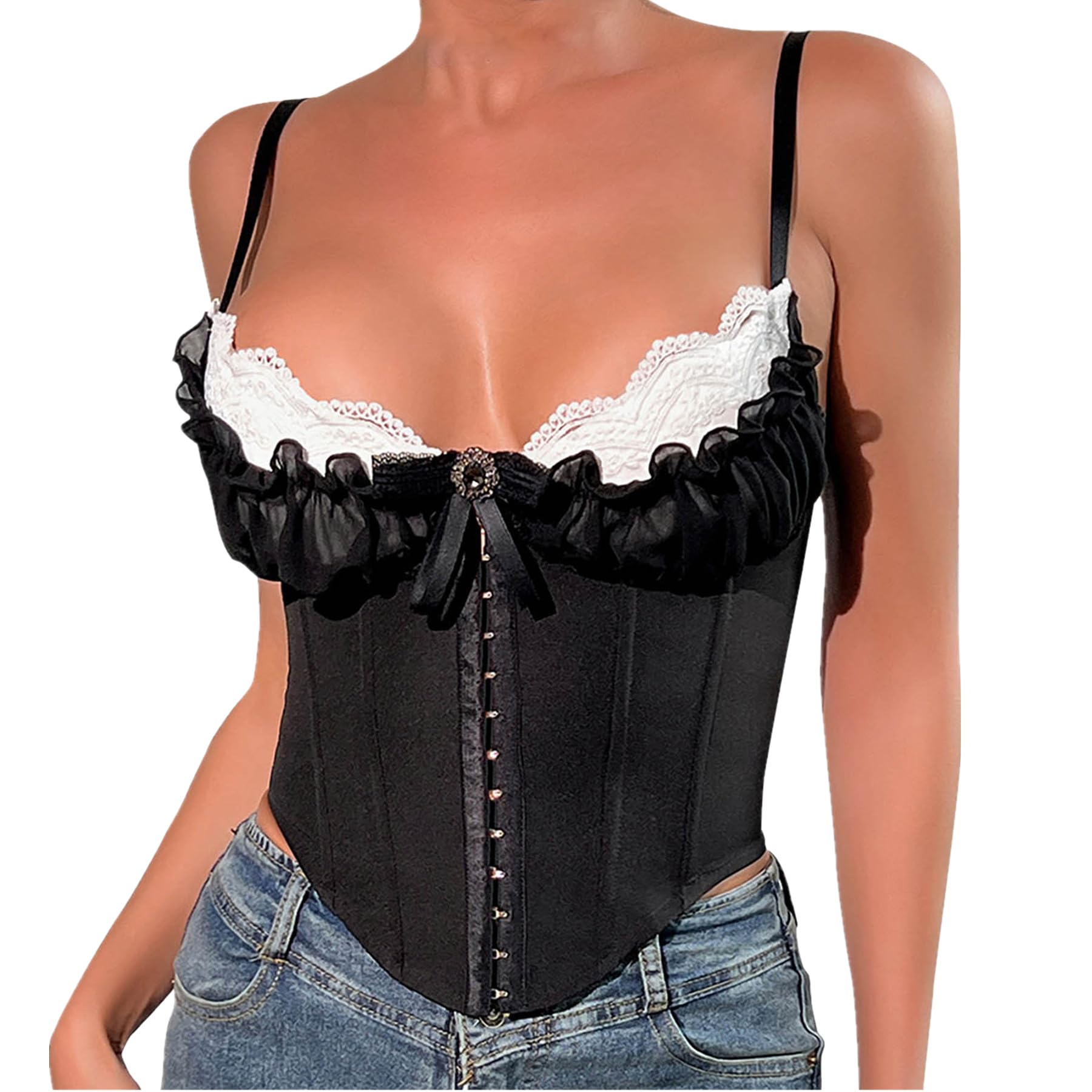 Sinzelimin Womens Overbust Corset Comfy Stretch Straps Boned Bustier Lingerie Bodyshaper Top Waist Cincher Bustier Corsets