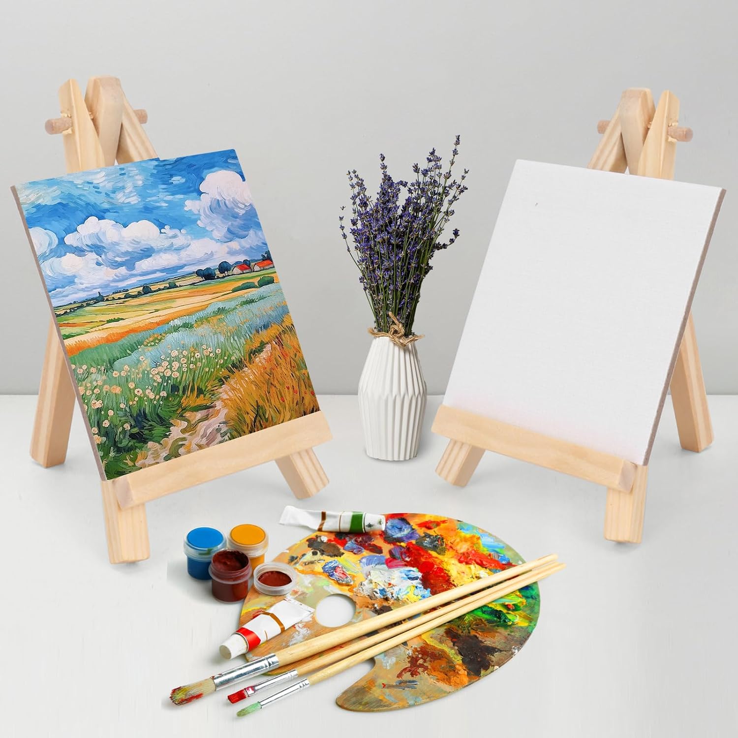6 Pcs 5 Inch Canvases with 6 Pcs 7.5 Inch Easel Sets, Easel Stand and Painting Canvases for Painting, Crafts, Photos etc.