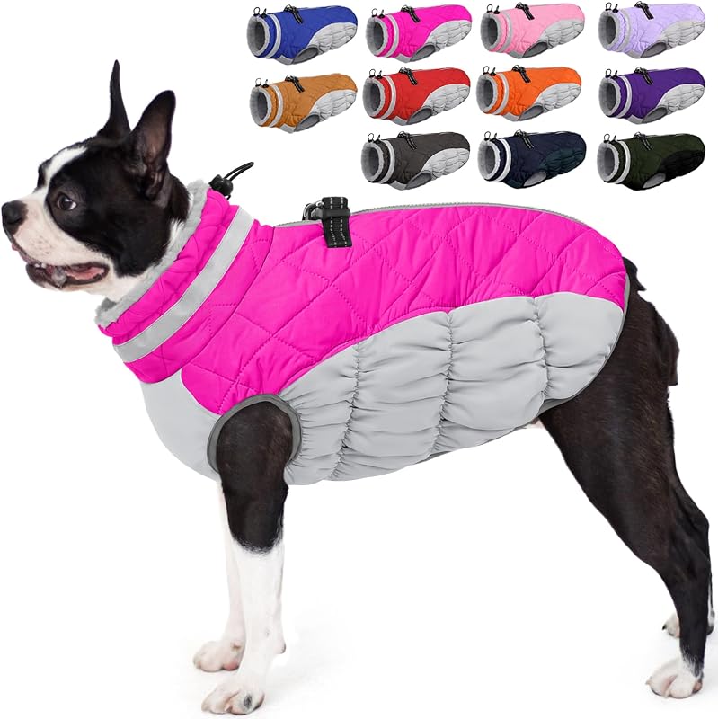 Casaco de Inverno para Cães AOFITEE com Forro de Fleece, Tecido Resistente à Água e Arnês Rosa-Quente, S