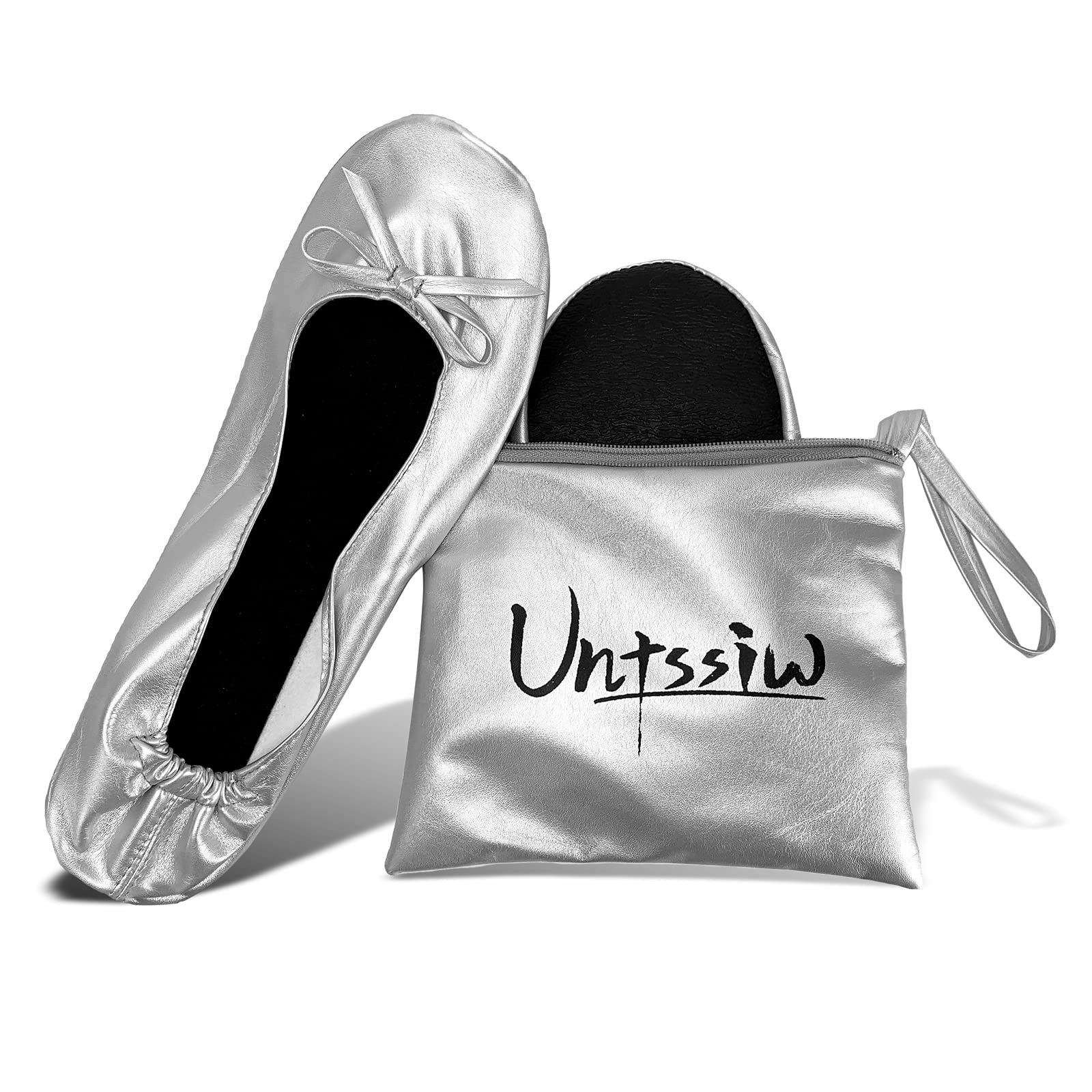 Untssiw Women's Foldable Portable Ballet Flat Roll Up Slipper Shoes with Travel Pouch - Fold Up Ballet Flats for Women - Black,Silver,Gold,Pink