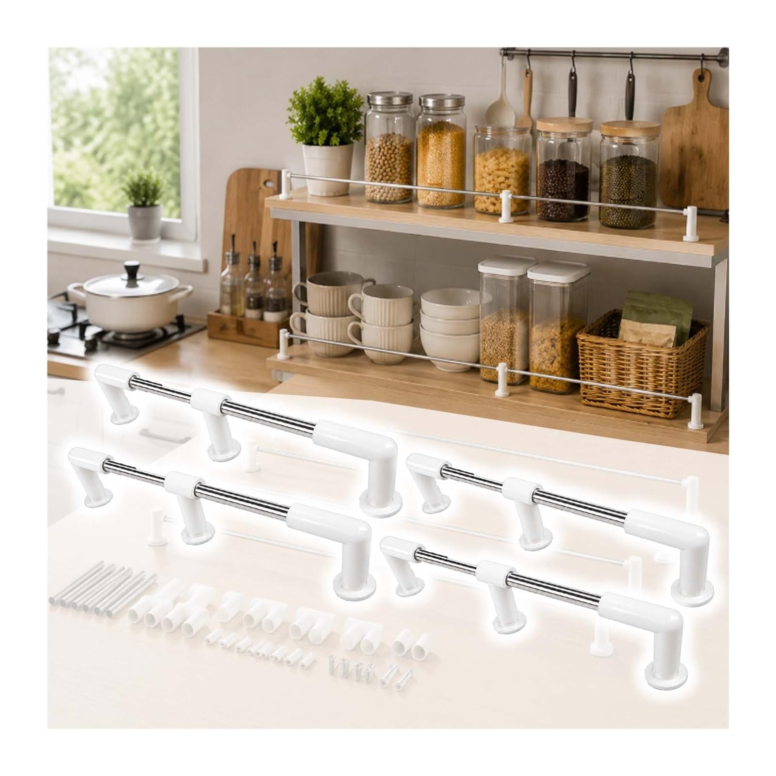 barandilla para estante 2/4/6/8 pack encimera (countertop) barandilla seguridad acero inox 304 anti caídas guardrail cocina baño tocador snack armario estante almacenamiento(Set of 4,35.4″ (90cm) L)