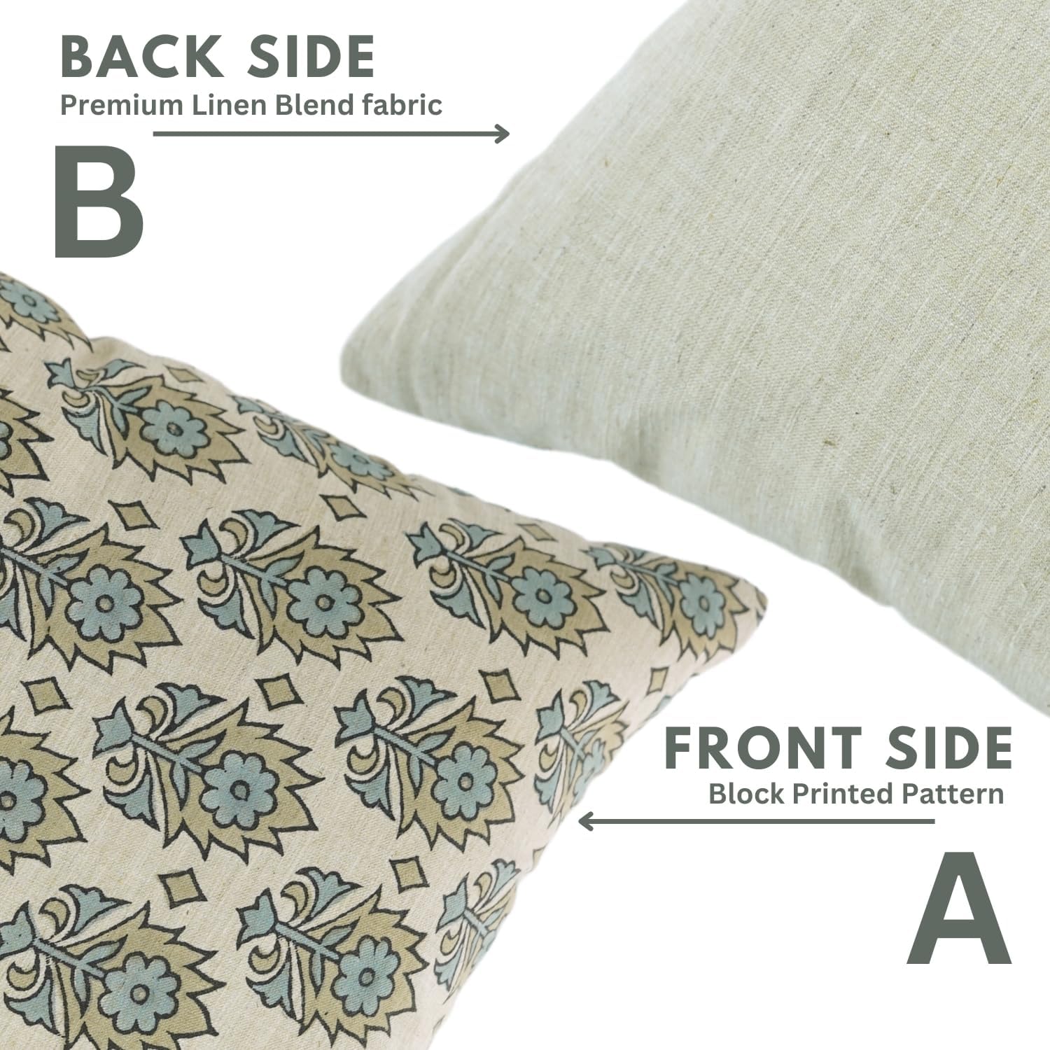 Floral Handmade Block Print Linen Blend 22X22 Inches Throw Cushion Cover, Indoor, Home Decor, Farmhouse Pillowcase, Decorative for Sofa, Couch, and Bed, Fall Decoration, Kusum, Gray