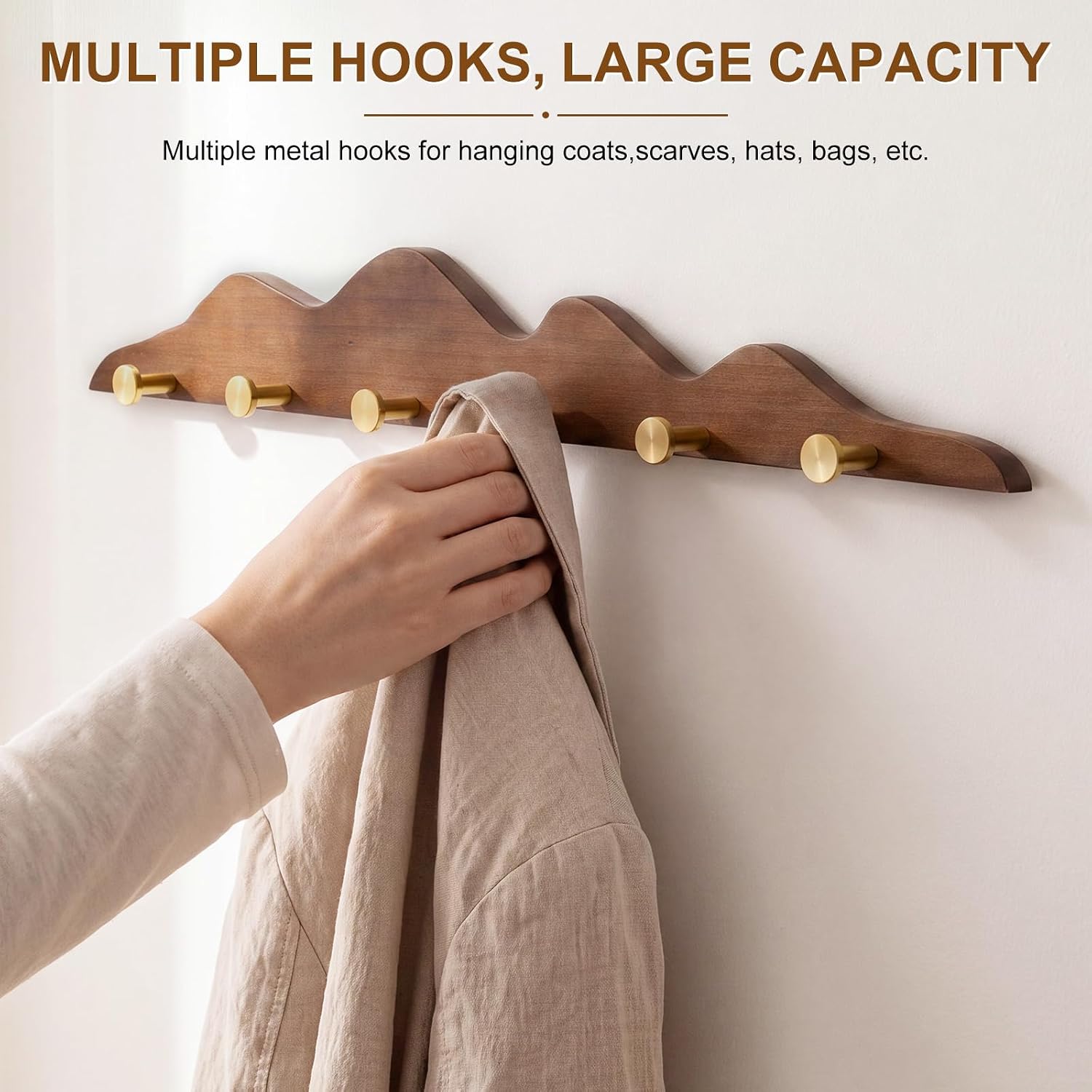Sintuff 6 Hooks Coat Rack Wall Mounted, 29 Inch Walnut Wood Hooks | Wavy Design with Gold Tone Hardware, Mounts on Entryway Bedroom Walls, Organizes Coats Hats Bags, Durable Walnut Wood