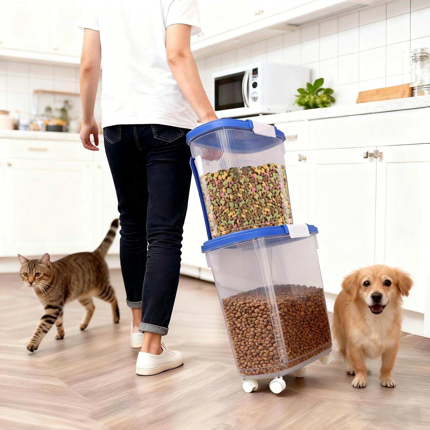 Large Rice Storage Container 30 Lbs with Wheel - Airtight Flour Food Container 15 Lbs with Lid, Scoop, Cup - Plastic Food Storage Bin for Cereal, Sugar, Beans, Dog, Cat, Pet Foods