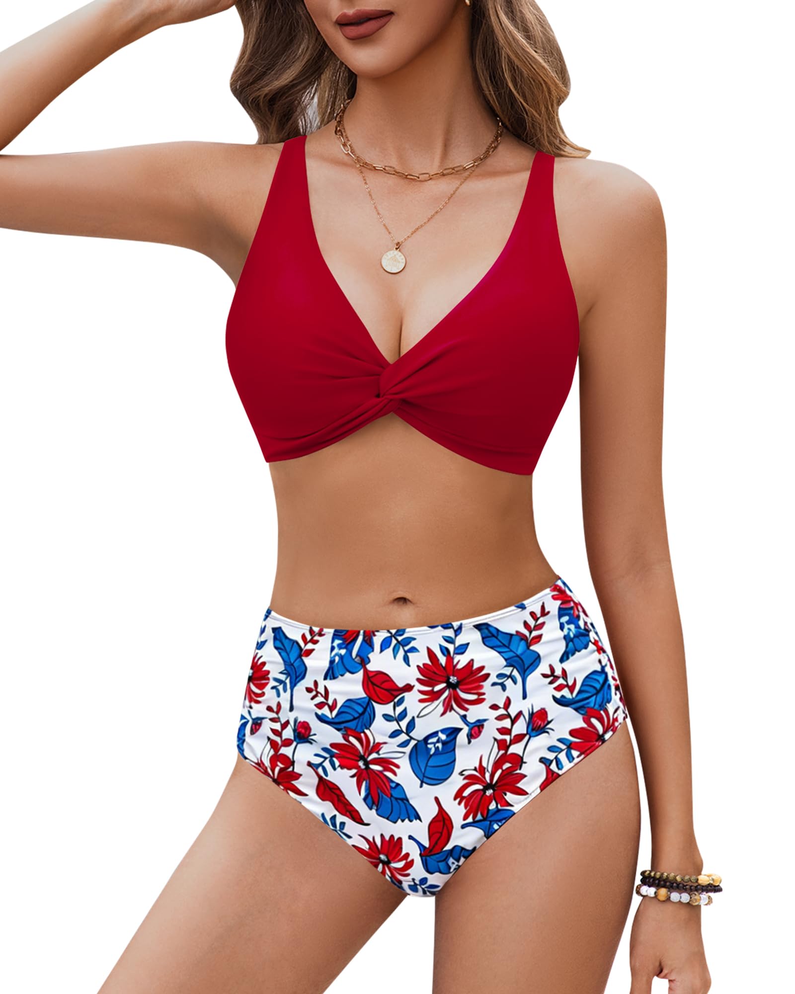 HORISUN High Waist Bauchweg Bikini Set für Damen mit Twist Front V Ausschnitt gepolsterten Einlagen Raffungen Rückenbindung verstellbaren Trägern Zweiteiliger Badeanzug ohne Bügel